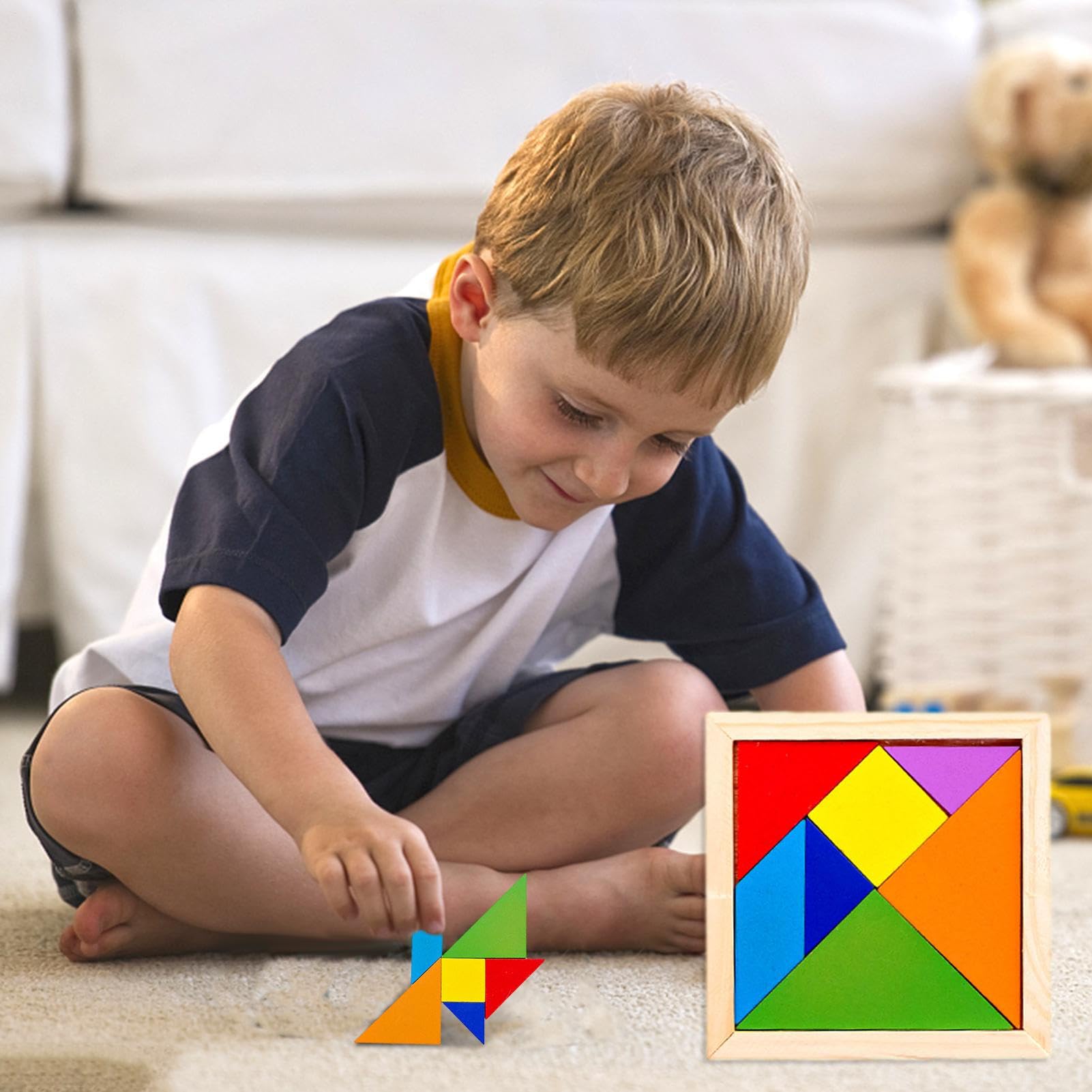Tangram Gioco di pensiero – Set di mattoncini da costruzione in legno da 40 g, attività di apprendimento geometrico, puzzle per l'educazione precoce, gioco per casa, viaggi, vacanze, campeggio