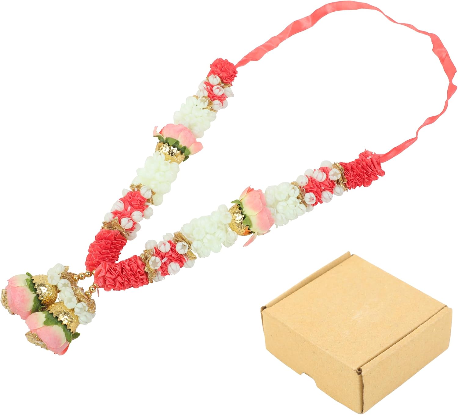 Artificial Rose Flower Mala Ribbon Garland Haar Idol-Mala for God Statue Accessory Pooja Sringar Article Ornament for Indian Traditional Festival Laxmi Poojan New year Decor (Size-15")(Light Pink)