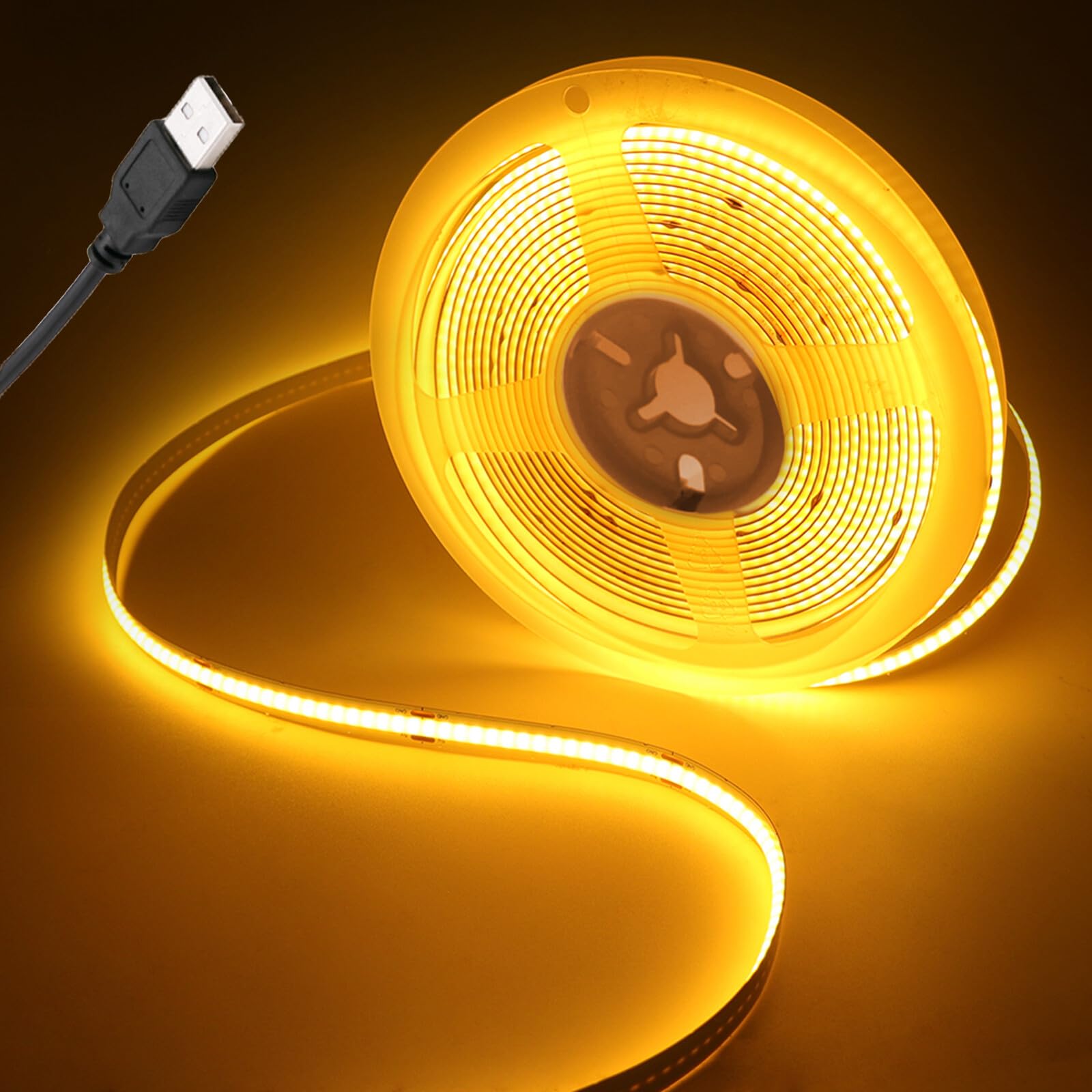 KAFULA 5V COB LED Strip Self-Adhesive [4M,Yellow], USB Powered, 320 LEDs/m Super Bright Flexible FCOB LED Fairy Lights CRI90+, Can be Cut Every 5cm, Bedroom Cabinet Kitchen TV Background — image 1