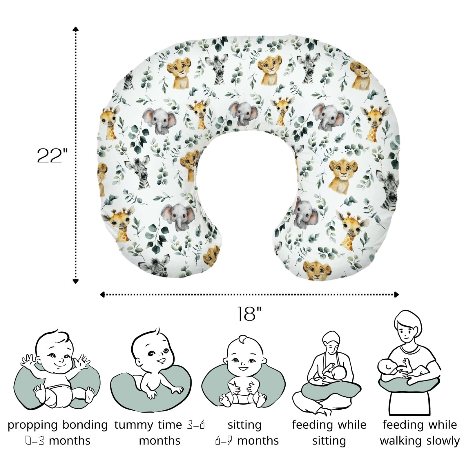 HawSkgFub Funda de almohada de lactancia para bebés niños, diseño de safari africano, hoja de eucalipto, elefante de la selva, jirafa, cebra, león, lactancia, funda de almohada para recién nacidos,