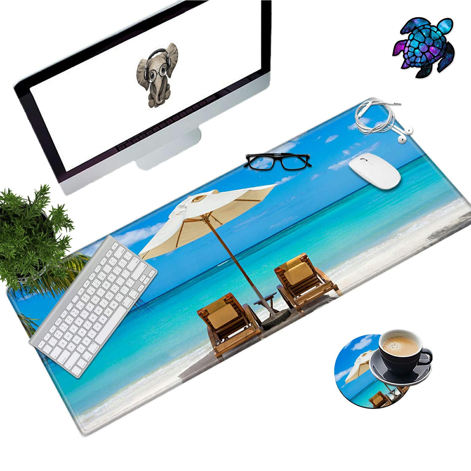 SkyfreeDesk Pad Mat Large Mouse Pad XL Extended Mousepad Gaming with Sea Beach 31.5" 11.8" Huge Mouse Pads for Computer Laptop Home Office + Cup Coaster and Cute Stickers