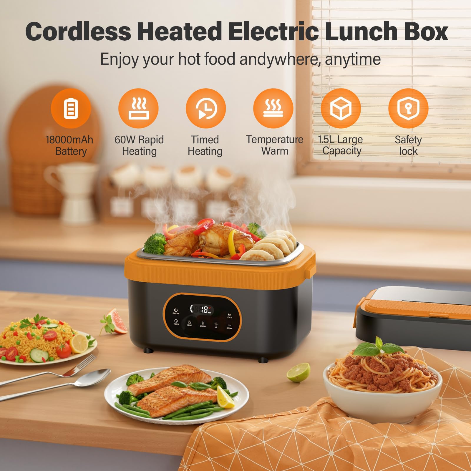 Scatola Pranzo Elettrica Senza Fili 1.5L,Riscaldamento Automatico 18000mAh Ricaricabile con Timer, Display LED & Borsa Termica per Ufficio, Camion, Esterno