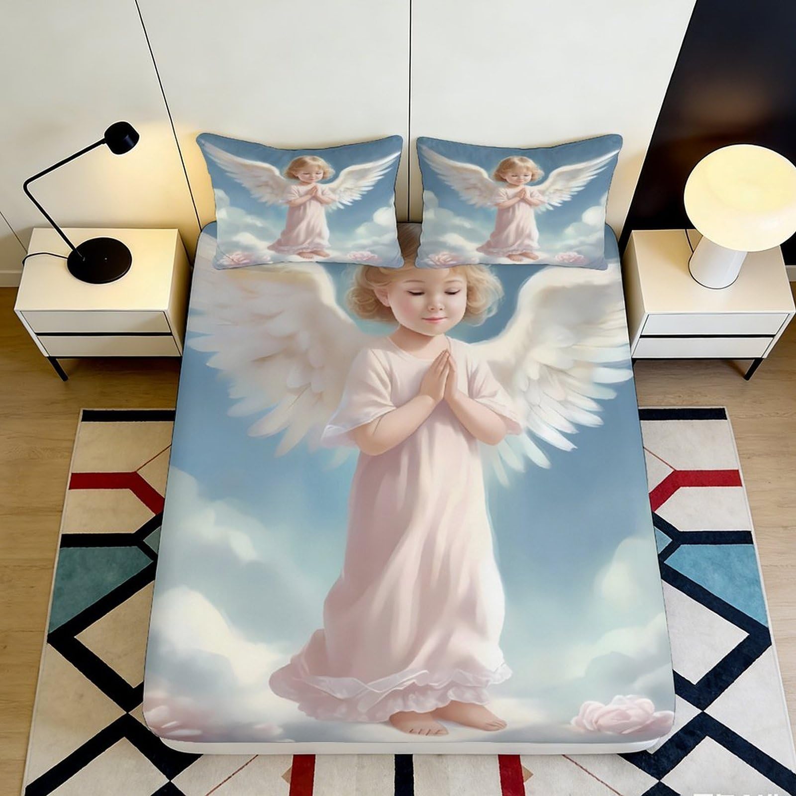 3D Printed Angel Wings Fitted Sheet Microfiber Soft Bedroom Decor Praying Child Mattress Cover for All Ages 90x200x25cm