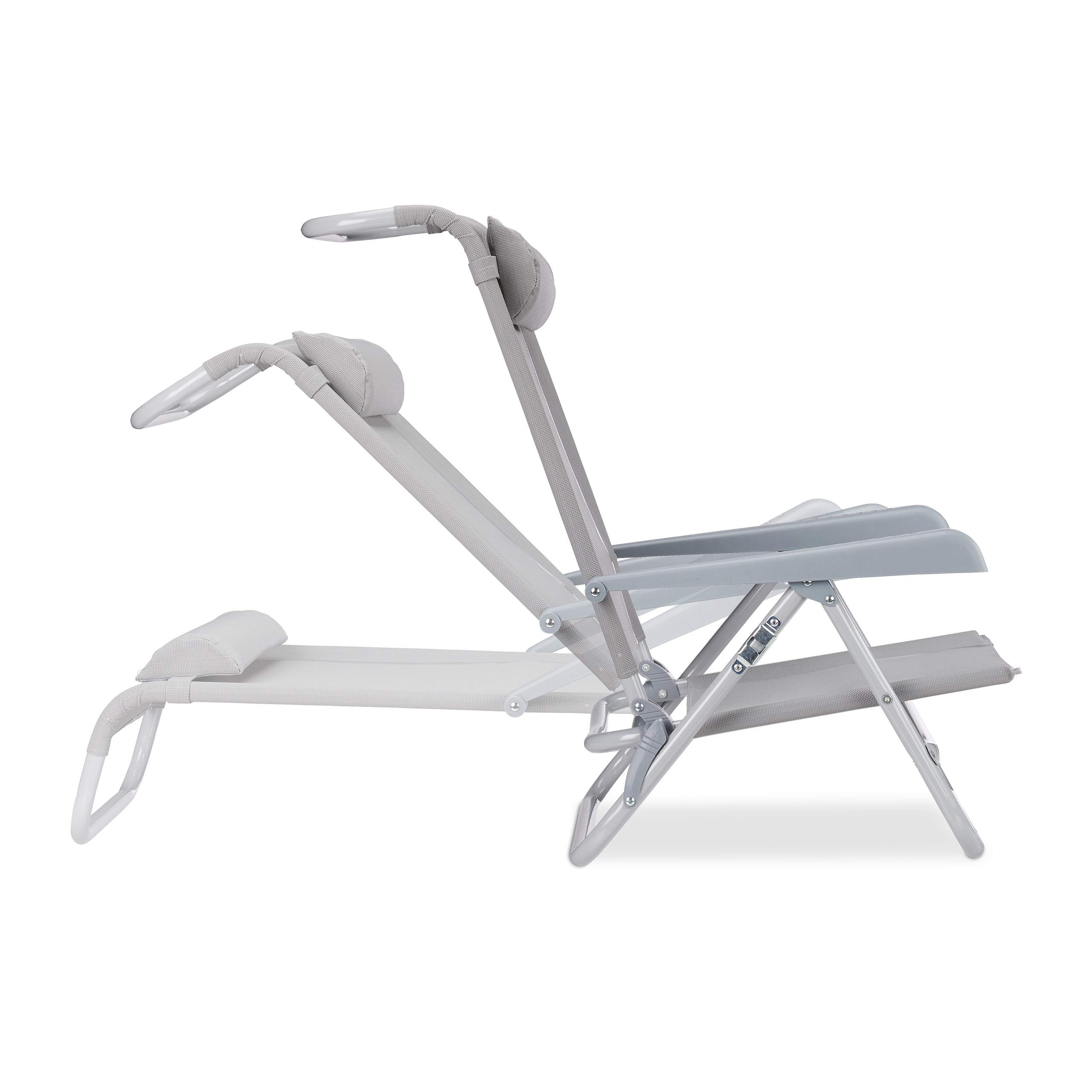 Relaxdays Liegestuhl klappbar, Nackenkissen, Flaschenöffner, 8-Stufig verstellbar, bis 120 Kg, Kunststoff, Stahl, Grau