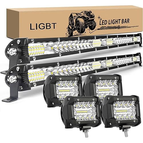 LIGBT LED Light Bar Kits 2Pcs 21 Inch 204W Single Row Led Light Bar 4PCS LED Pod Lights 4Inch 60W Spot Flood Combo Fog Driving Lighting Roof Bumper Lamp Offroad Work Light for Truck SUV ATV UTV