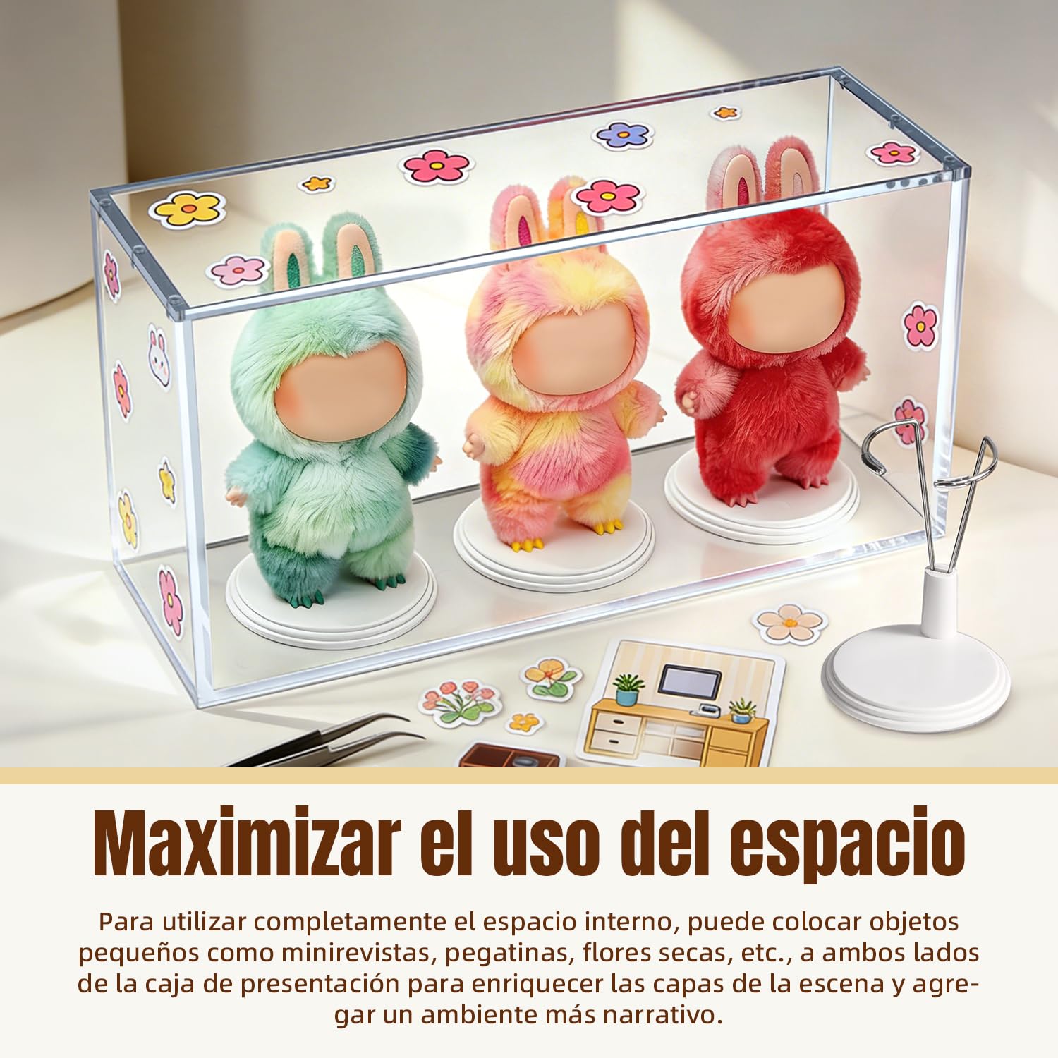 Mcbazel Caja de acrílico de Alta Transparencia Compatible con LABUBU, Vitrina magnética Protectora para Pop Mart, soporta 3 muñecas, con Soporte para muñecas – 35 cm × 11 cm × 17,5 cm (Grosor 8+5