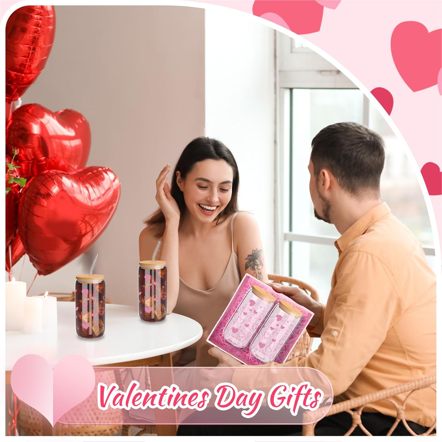 12 Pcs Valentine Gifts Glass Cups with Lids and Straws 16 oz Hearts Iced Coffee Cups Drinking Heart Women Ladies Wife Gift Valentines Day Galentines Party Supplies Wedding Birthday (Pink)