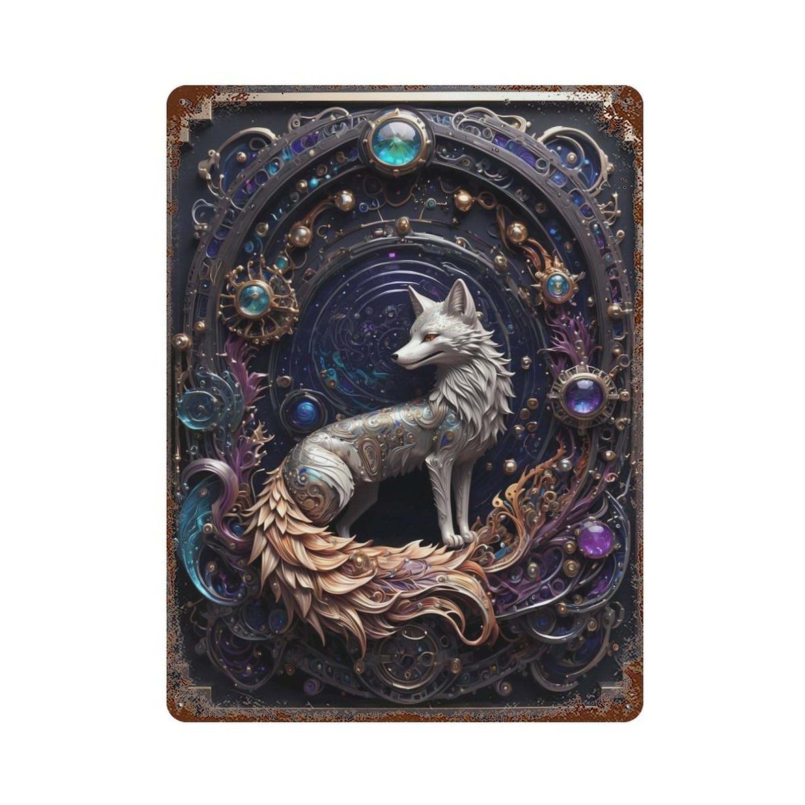 Distressed Metal Wall Sign Golden Silver Fox Art Deco 15.7"x11.8", Vintage Wall Decor for Cafe, Home Bar And Lounge Decor