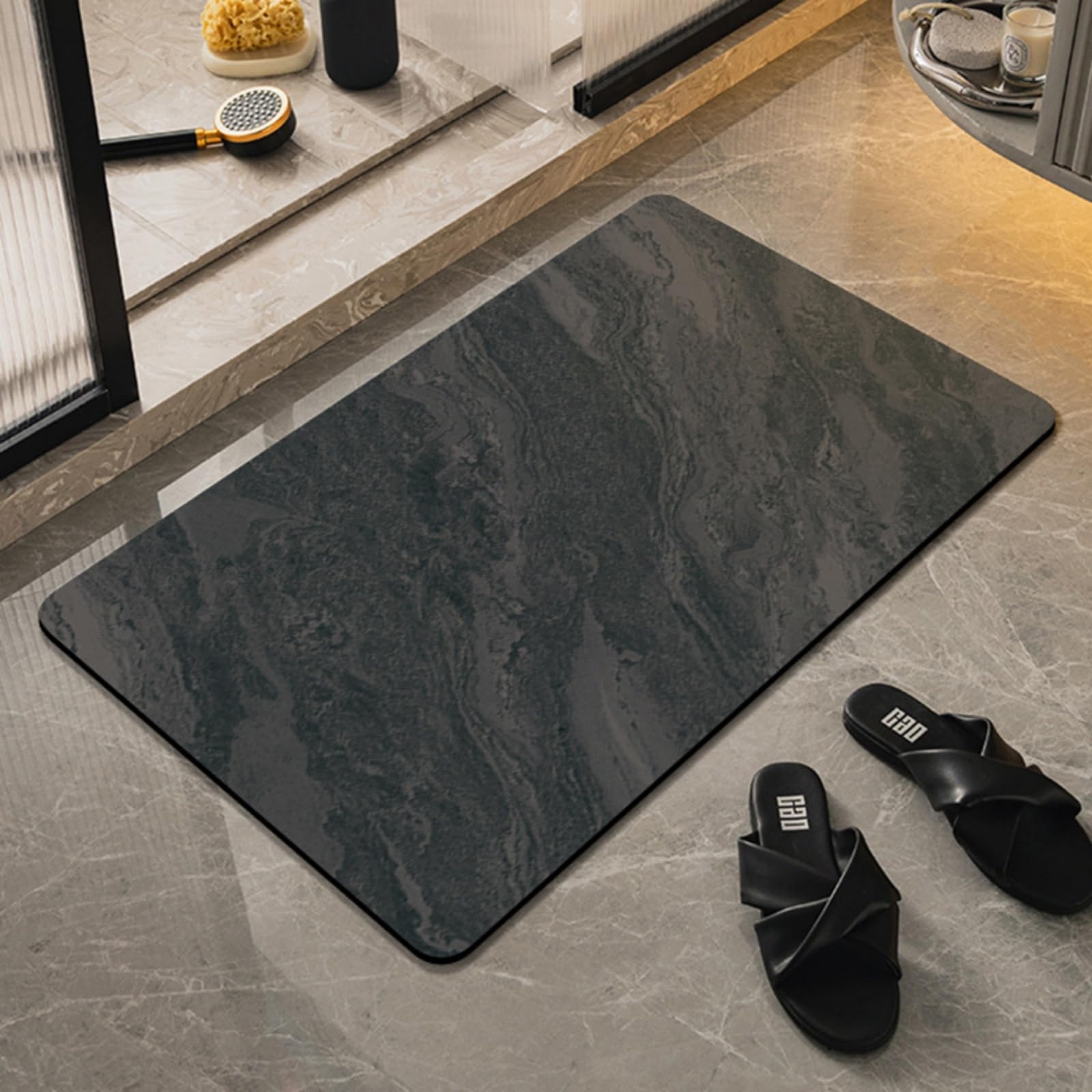 Runup Stone Bath Mat Quick Dry 45x70 cm Marble Pattern Soft Diatomite Bath Mat Non Slip Anti Mould Quick Absorbent Magic Floor Mat for Bathroom Living Room Doormat (Black