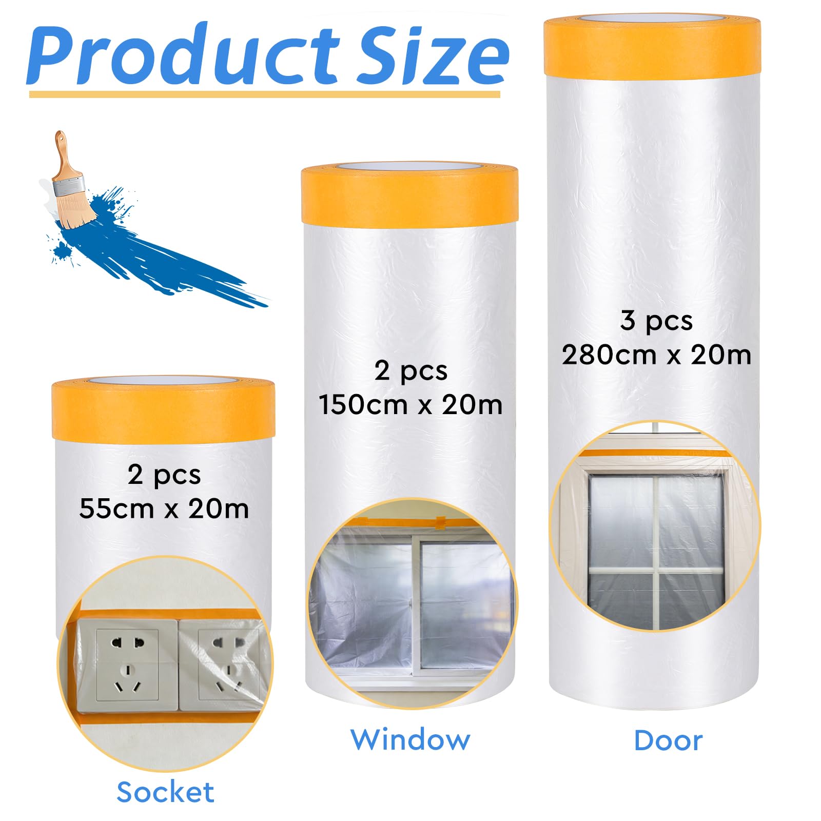 EFUTURETIME 4 rollos de Plástico Cubretodo con Cinta Adhesiva, Plástico Protector Muebles 280 cm x 20 m x 1, 150 cm x 20 m x 1, 55 cm x 20 m x 2 y 1 rollos de Cinta de Pintor 25 mm x 50 m - 3