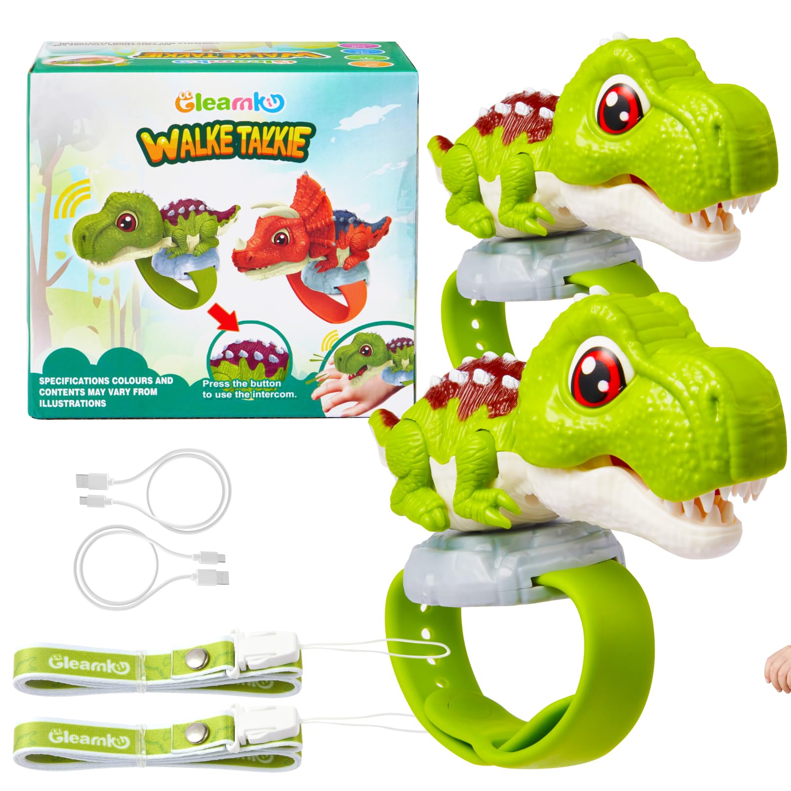 Gleamkid walkie Talkie Bambini Ricaricabili, 2 Pezzi Dinosauro Giocattolo, Regalo per Ragazzi 3-12 Anni, Dinosauro walkie Talkie con Laccio e Polso, Lunga Distanza, Comunicazione Chiara-Verde