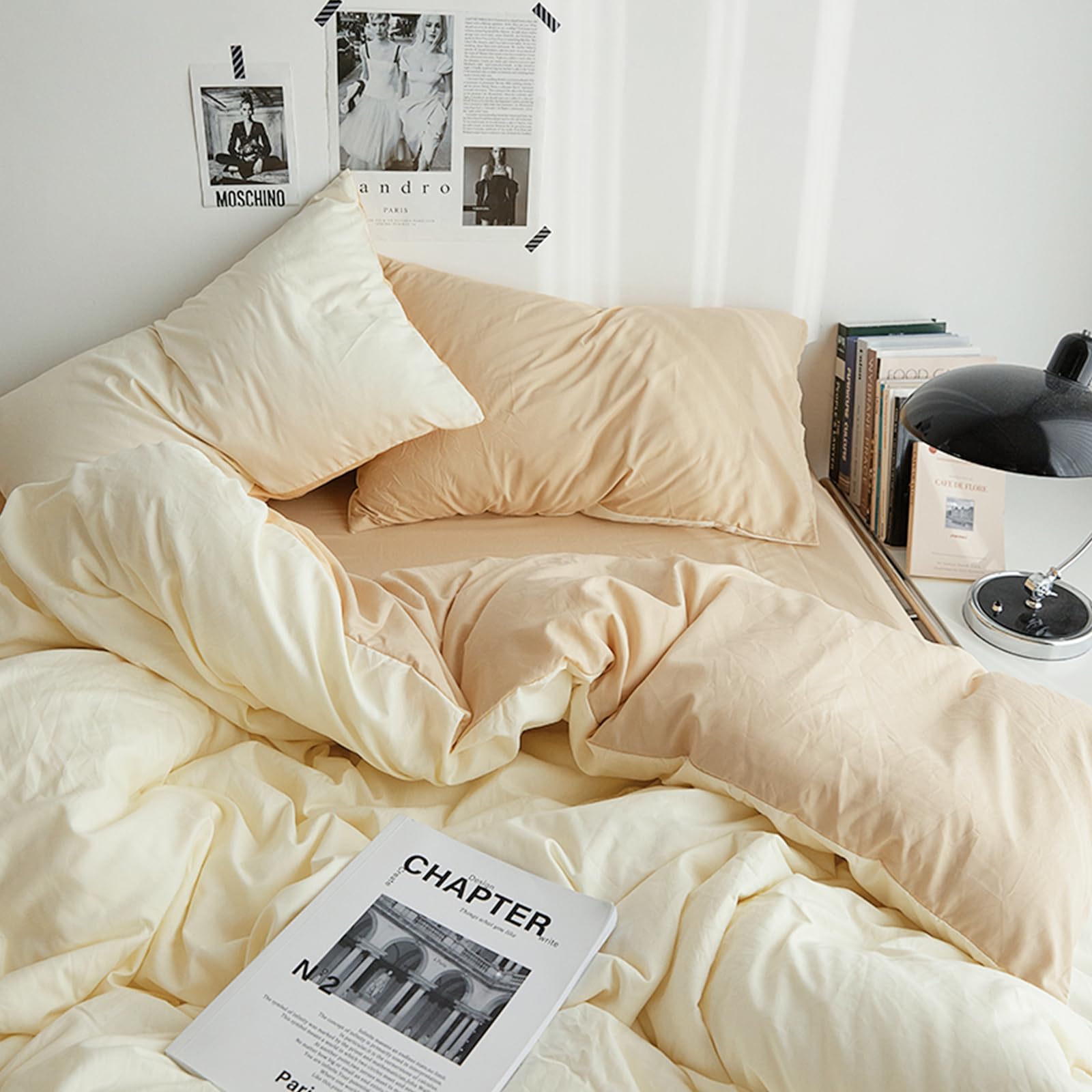 Duvet Cover Set King Size 4 Pcs, Include 1 Quilt Cover 220 x 240cm & 2 Pillow Cases 48 x 74cm & 1 Bedsheet 245 x 265cm, Super Soft Washed Cotton Bedding Set, Excluding Cotton - Milk Tea Cheese