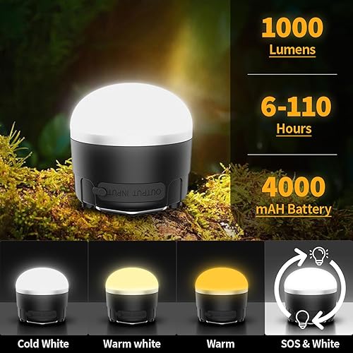 Miniatura 8 de Linterna LED recargable de 1000 lúmenes, luces de tienda de campaña portátiles con color RGB, luces de campamento impermeables IP65, base magnética,