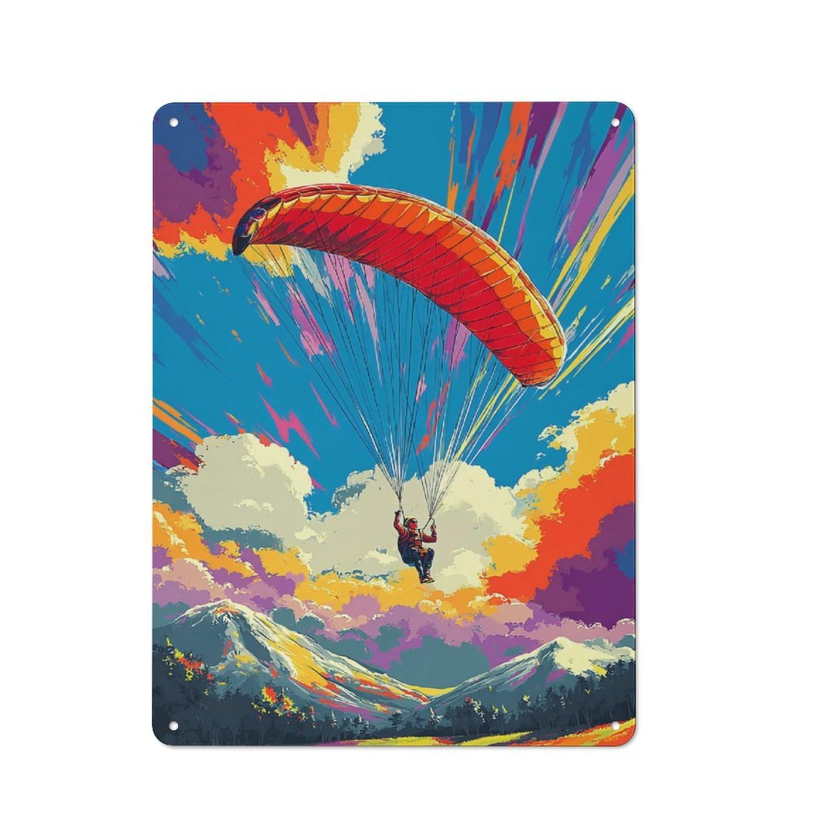 Junmoney Paraglider Soaring Above Colorful Mountains Metal Wall Art Sign 40X30cm, Vintage Vintage Wall Decor For Lounge, Study, Pub Or Wall Gallery