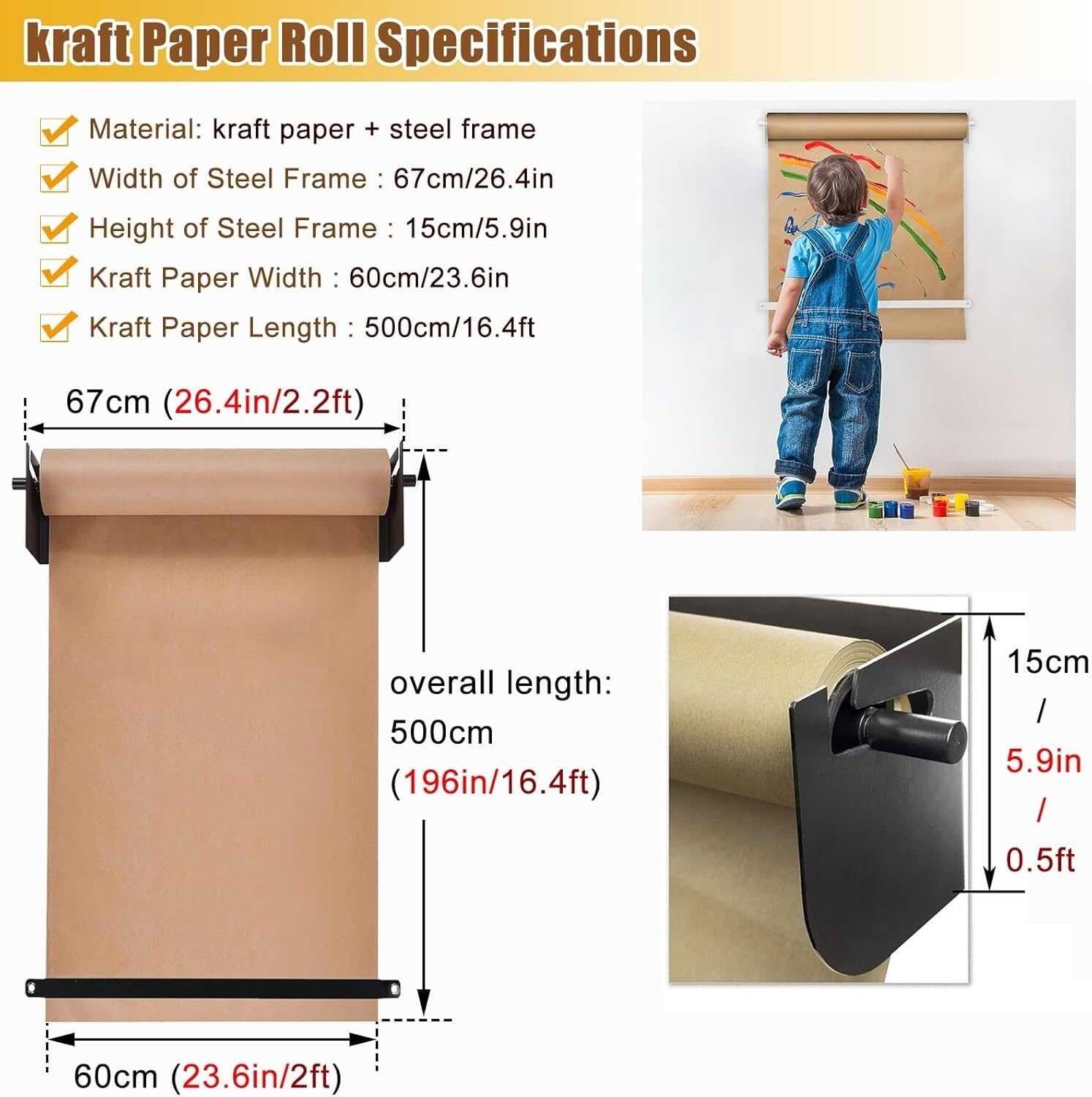 Dozownik ścienny papieru kraft 50 m, rolka papieru kraft ścienna, wiele rozmiarów, szerokość 67 cm, 67 cm/26,4 cala szeroki