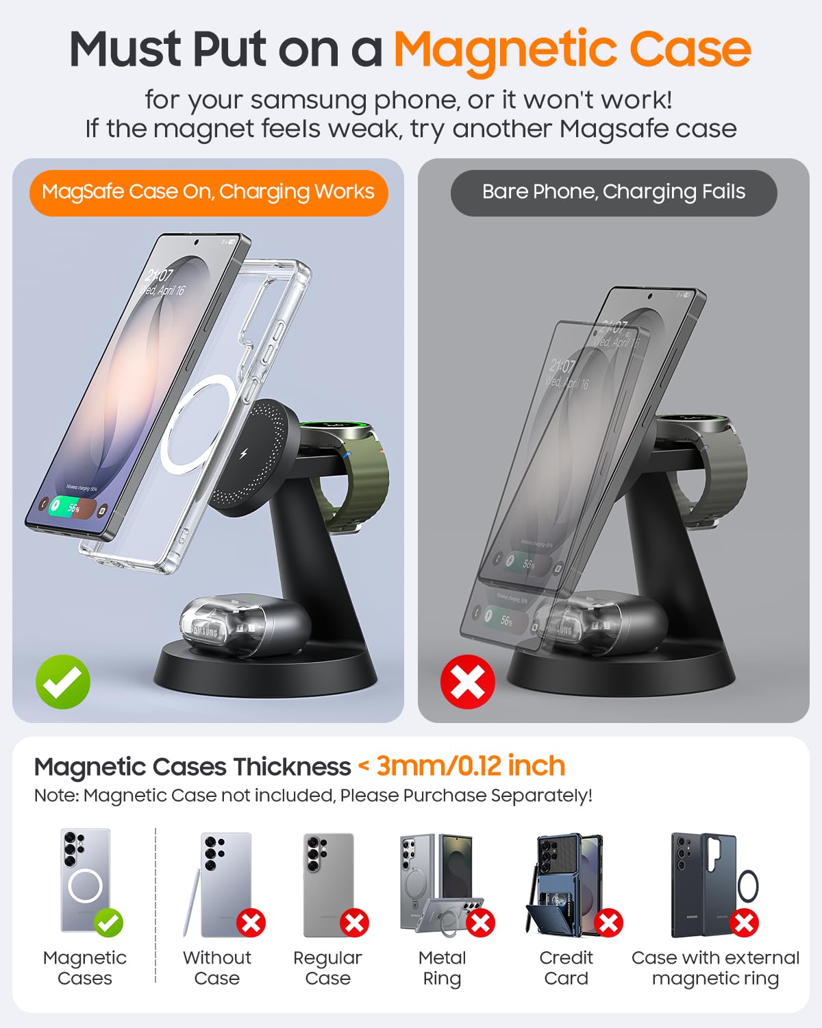 Meifigno Caricabatterie magnetico wireless per Samsung, stazione di ricarica 3 in 1 compatibile con MagSafe Samsung Charger per Galaxy S26 Ultra S25 Z Fold8/Flip8, supporto caricabatterie per Galaxy