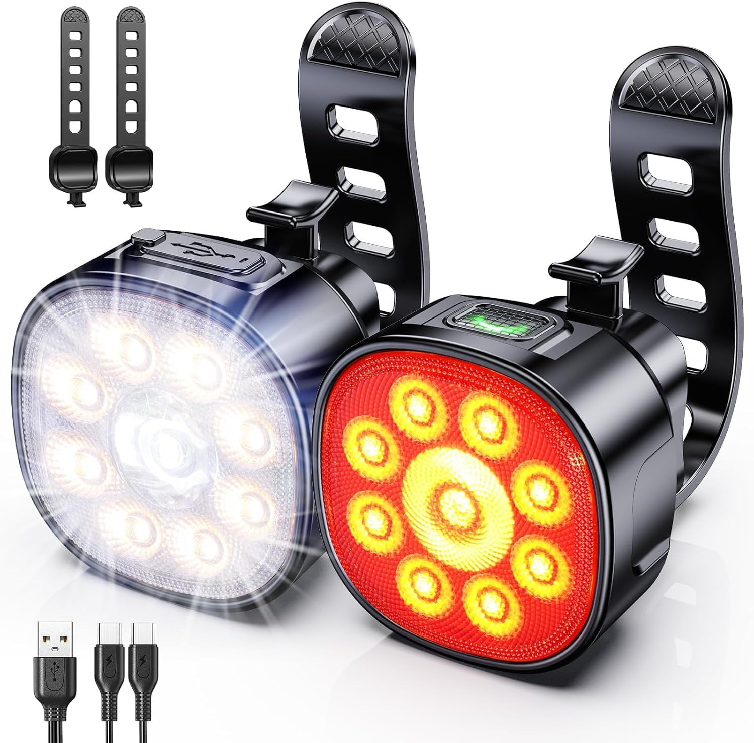 Bike Lights, Rechargeable Bicycle Lights Front and Rear, Waterproof IP65 Cycle Lights for Road Safety, Bike Light Cycling Headlights Set - 2 Pack