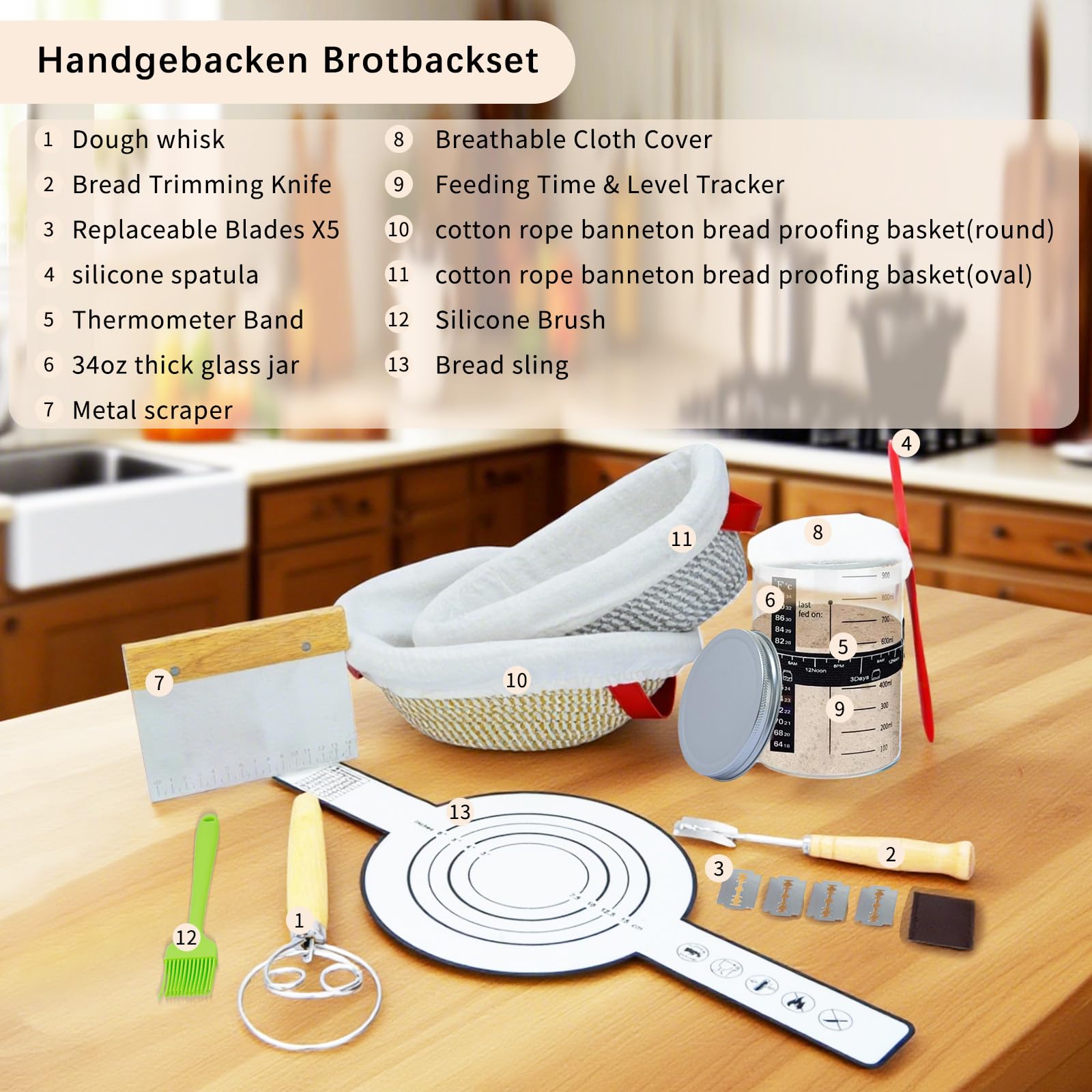 Banneton Pour Pain Ensemble De Cuisson, 11PCS Levain Ensemble De Pain Avec 2 Paniers De Levain, Couteau à Avec 5 Lames, Brosse, Grattoir Et Housse De Linge