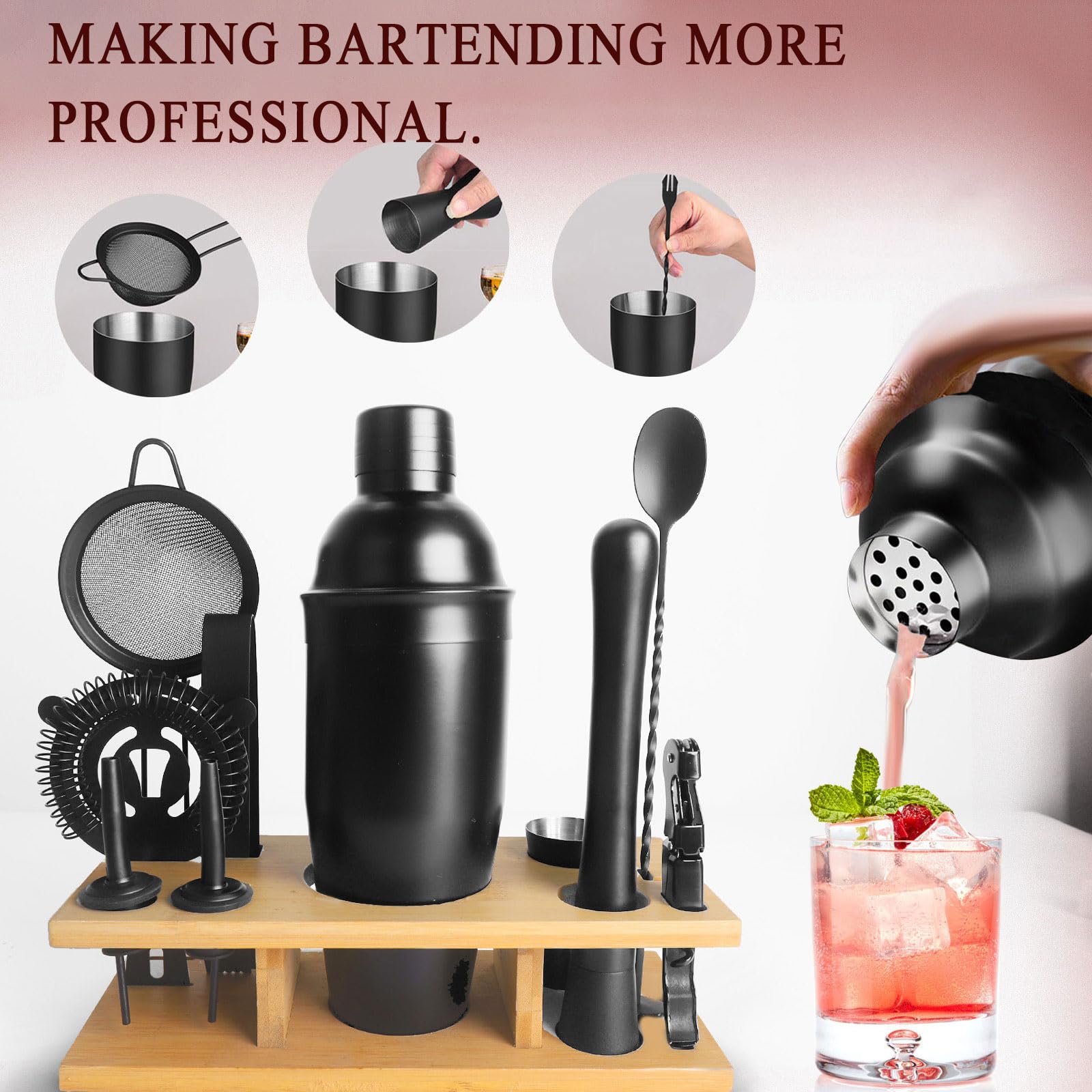 Coctelera para Cócteles Kit 11/23 piezas Coctelera de Acero Inoxidable Con SoporteProfesional Barman Herramientas conCóctel Recetas accesorios de bar set de regalo para Mezclar Bebidas,Barra,hogar