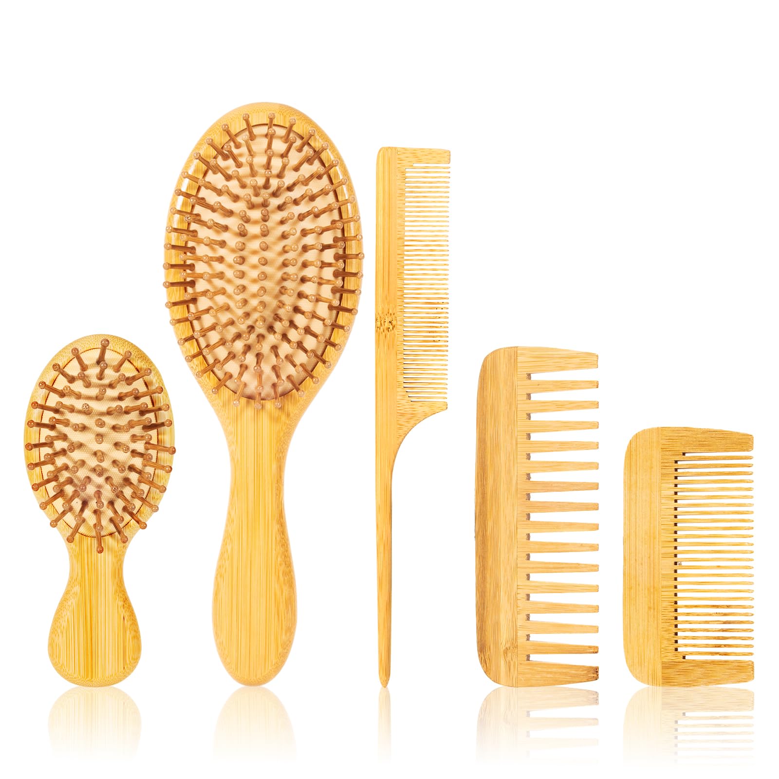 SIMPOR 5 Piece Bamboo Hair Brush Set, Natural Wooden Comb and Detangling Hairbrush for Women, Men and Kids, Scalp Massage Oval Brushes, Wide Tooth and Tail Combs for Wet, Dry, Thick, Curly Hair