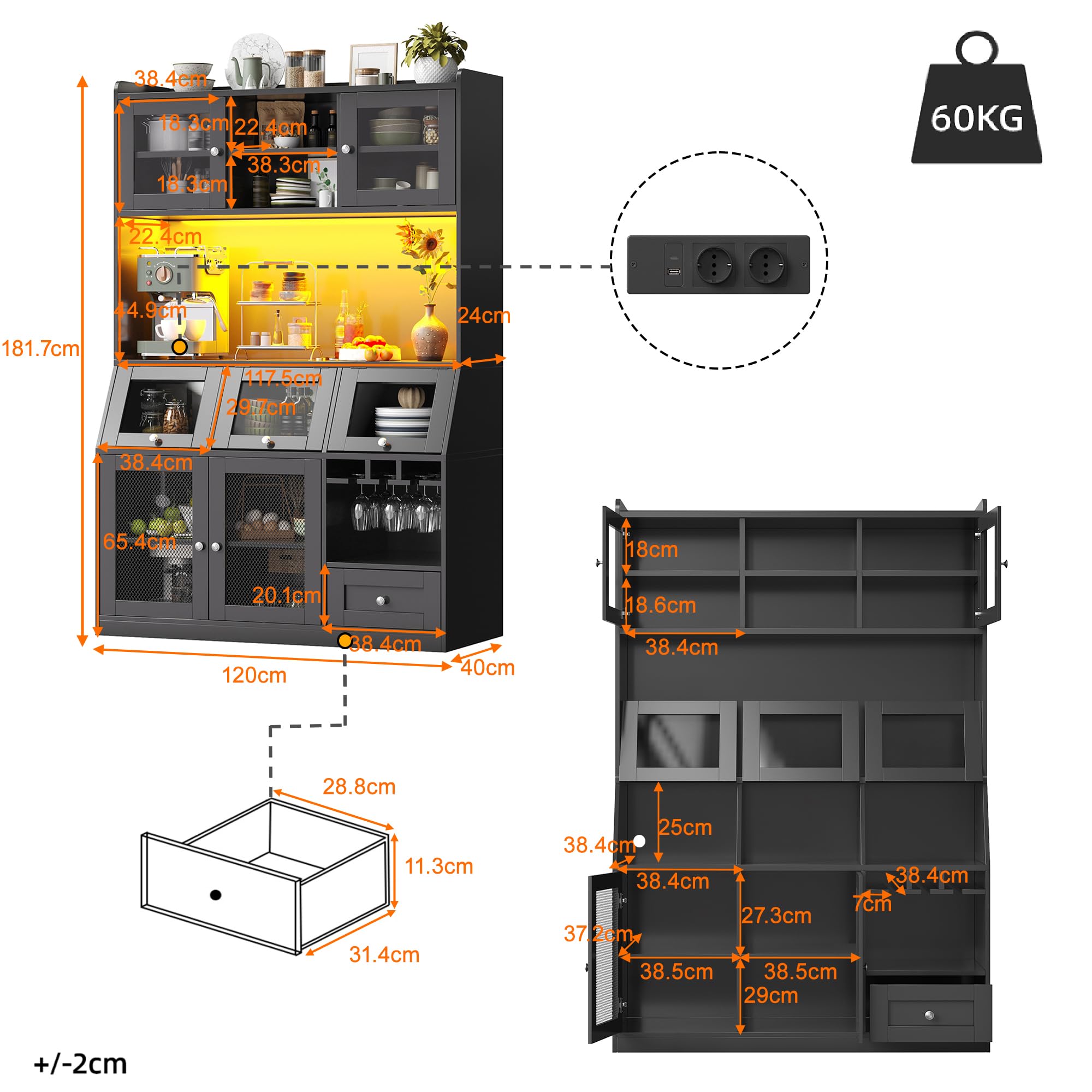 Buffet Haute Cuisine L120 x P40 x H182 cm, Armoires de Cuisine, Vaisselier avec Port USB, Meuble Cuisine Rangement avec Portes Vitrées, éclairage LED, Un Plan de Travail spacieux, Noir