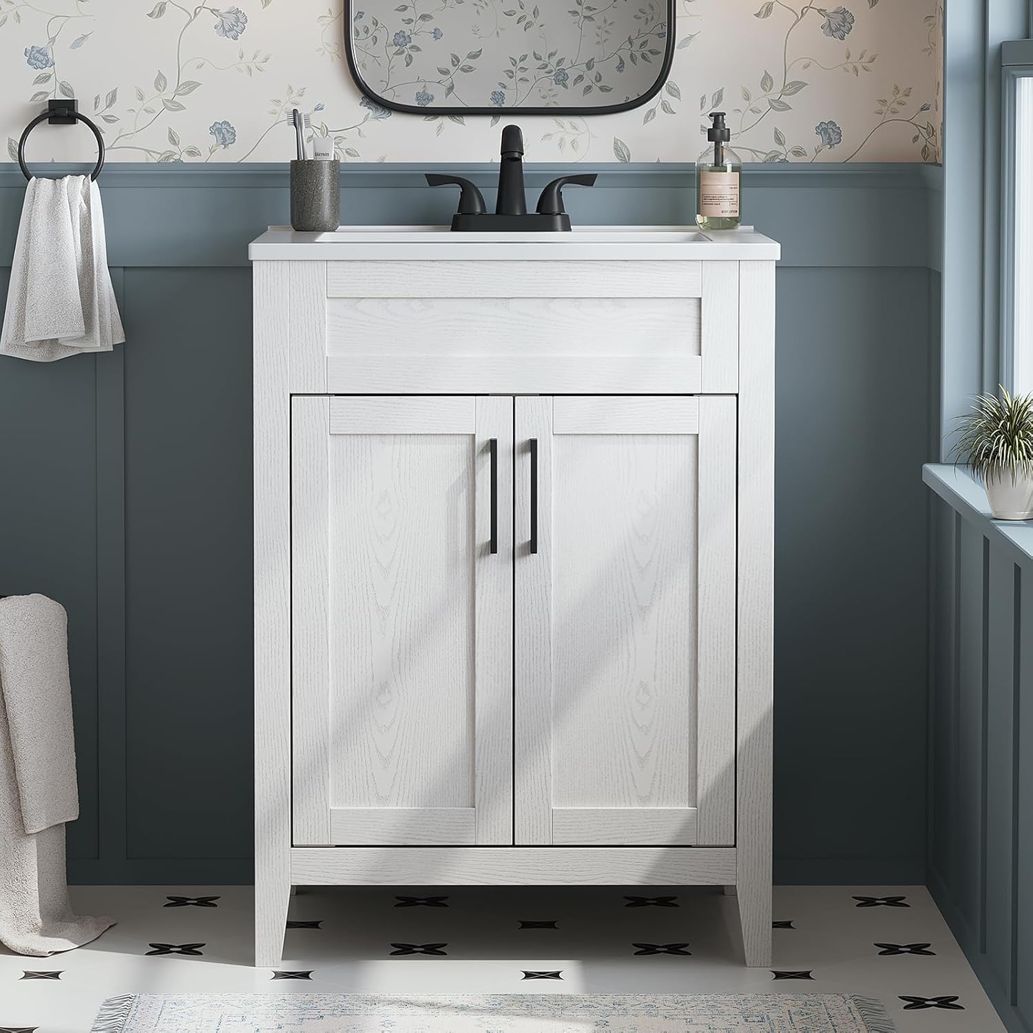 24 Inch Folding Bathroom Vanity with Sink, White Bathroom Vanity with Sink, Easy to Assemble Bathroom Sink Cabinet, 24 Inch Vanity with Integral Sink, Large Storage & Wood Grain Finish