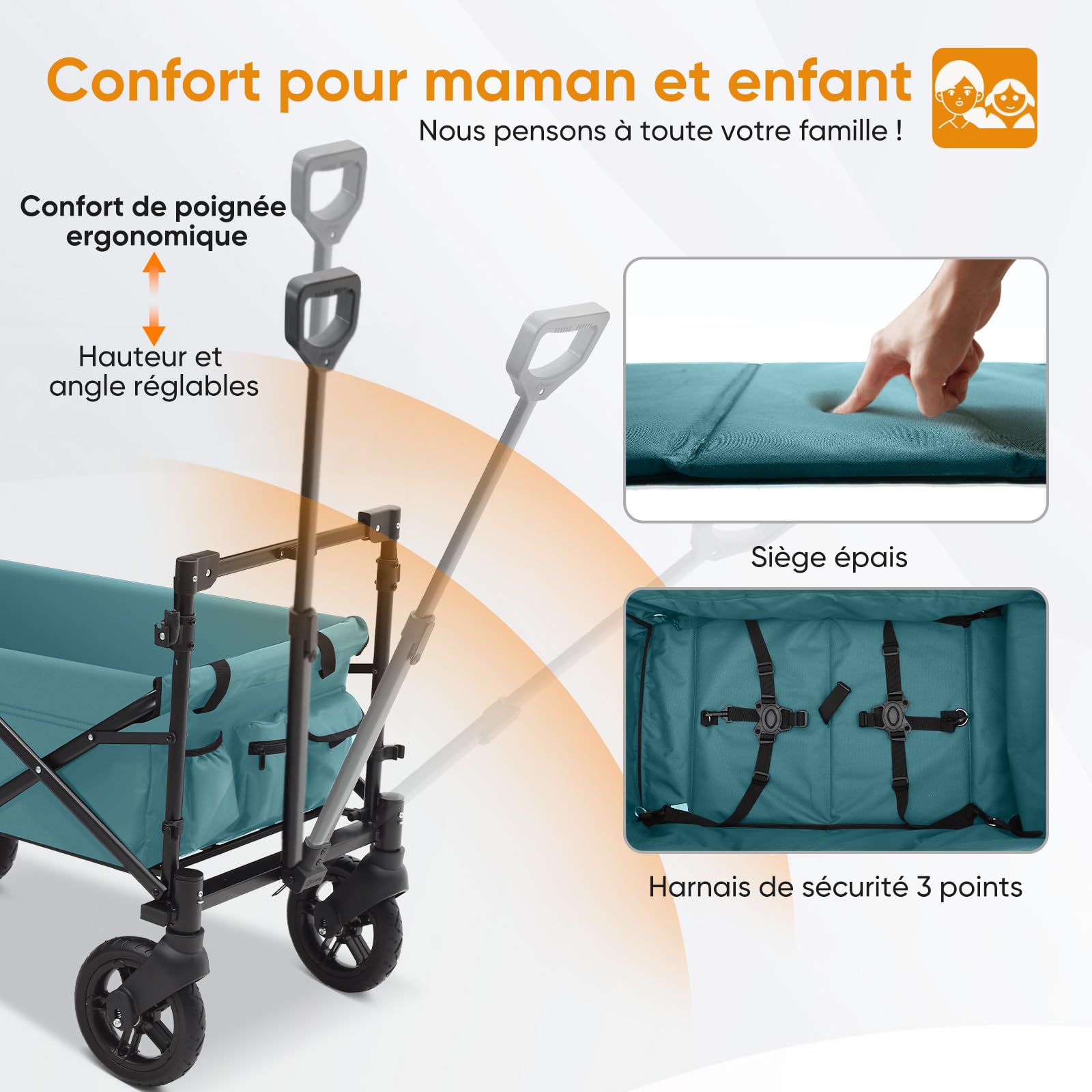 Sekey TP5050 - Chariot Pliable pour Enfant - Capacité de Charge de 150 kg - avec poignée et Freins - Vert foncé