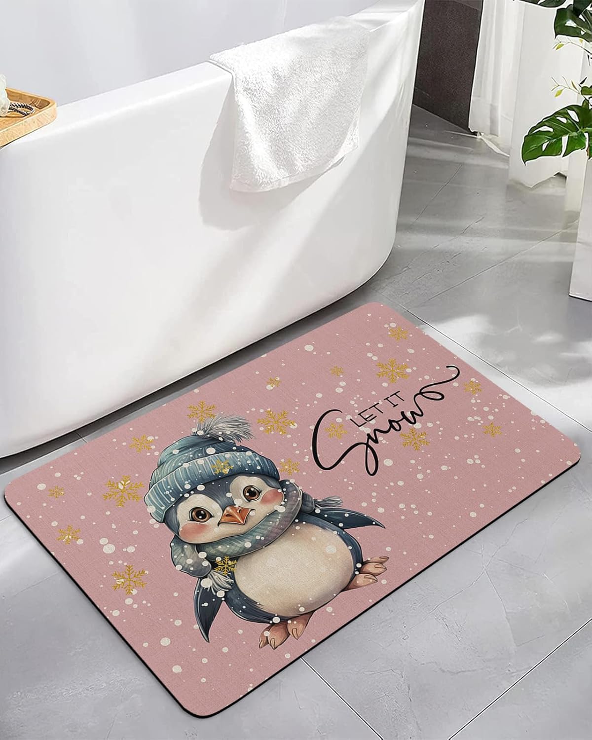 Pink Penguins Christmas Bath Rugs for Bathroom Non Slip