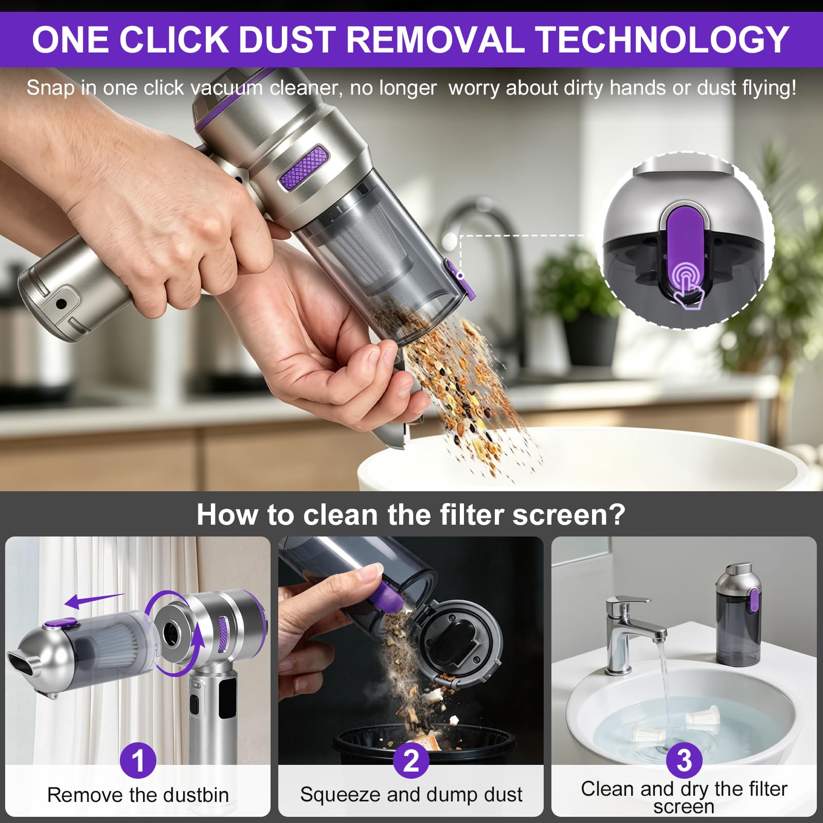 Aspirabriciole Senza Fili, 24000Pa 4-in-1 Aspirapolvere Auto Cordless con Schermo, Aspiratore e Soffiatore con Motore Brushless, per la cucina, l’automobile, la casa, i peli di animali