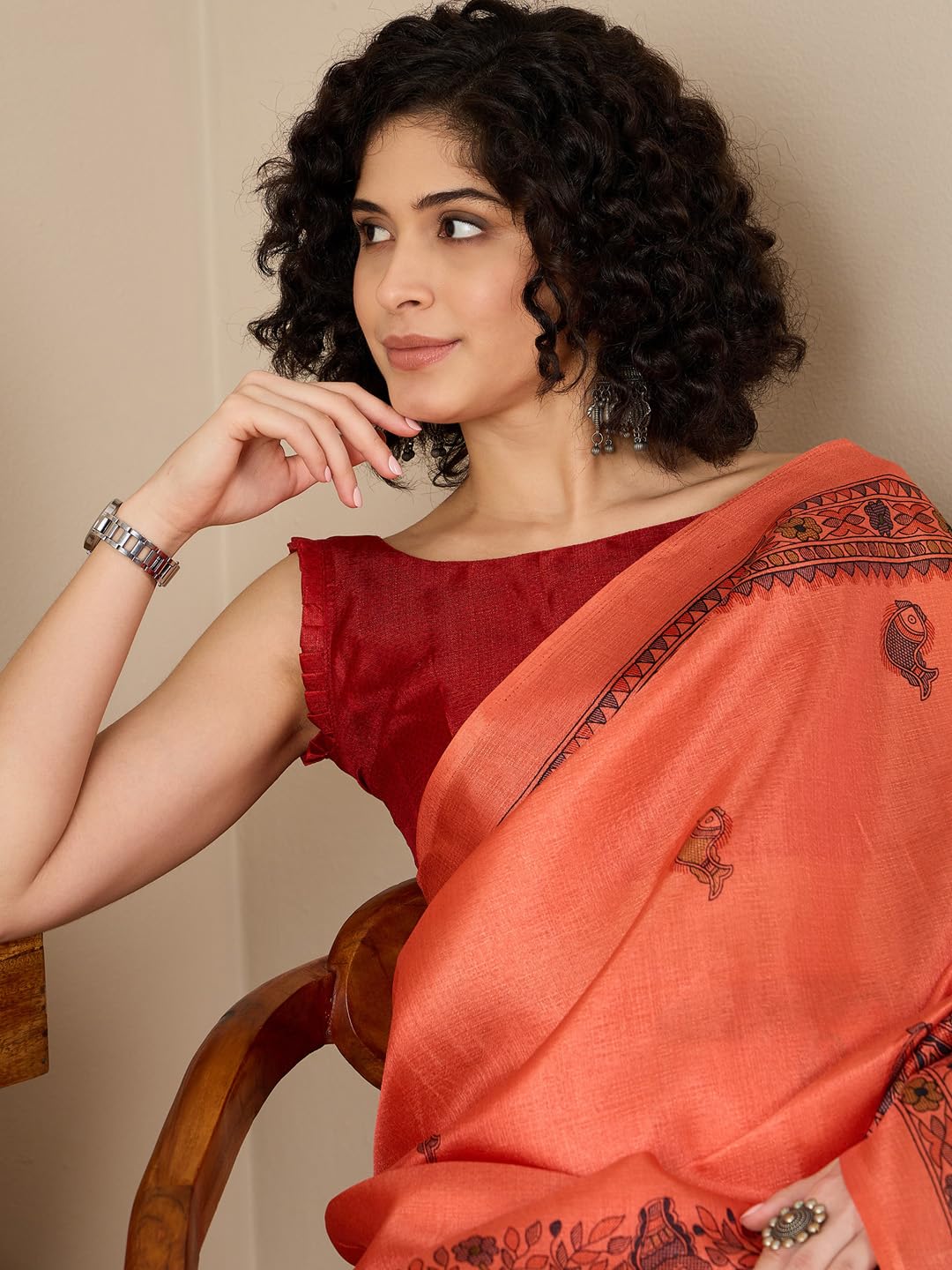 SAREE MALL Women's Orange Tussar Silk Madhubani Printed Ready To Wear one Minute Saree With Unstitched Blouse (RTWFF0MDB8404E_HS) 3