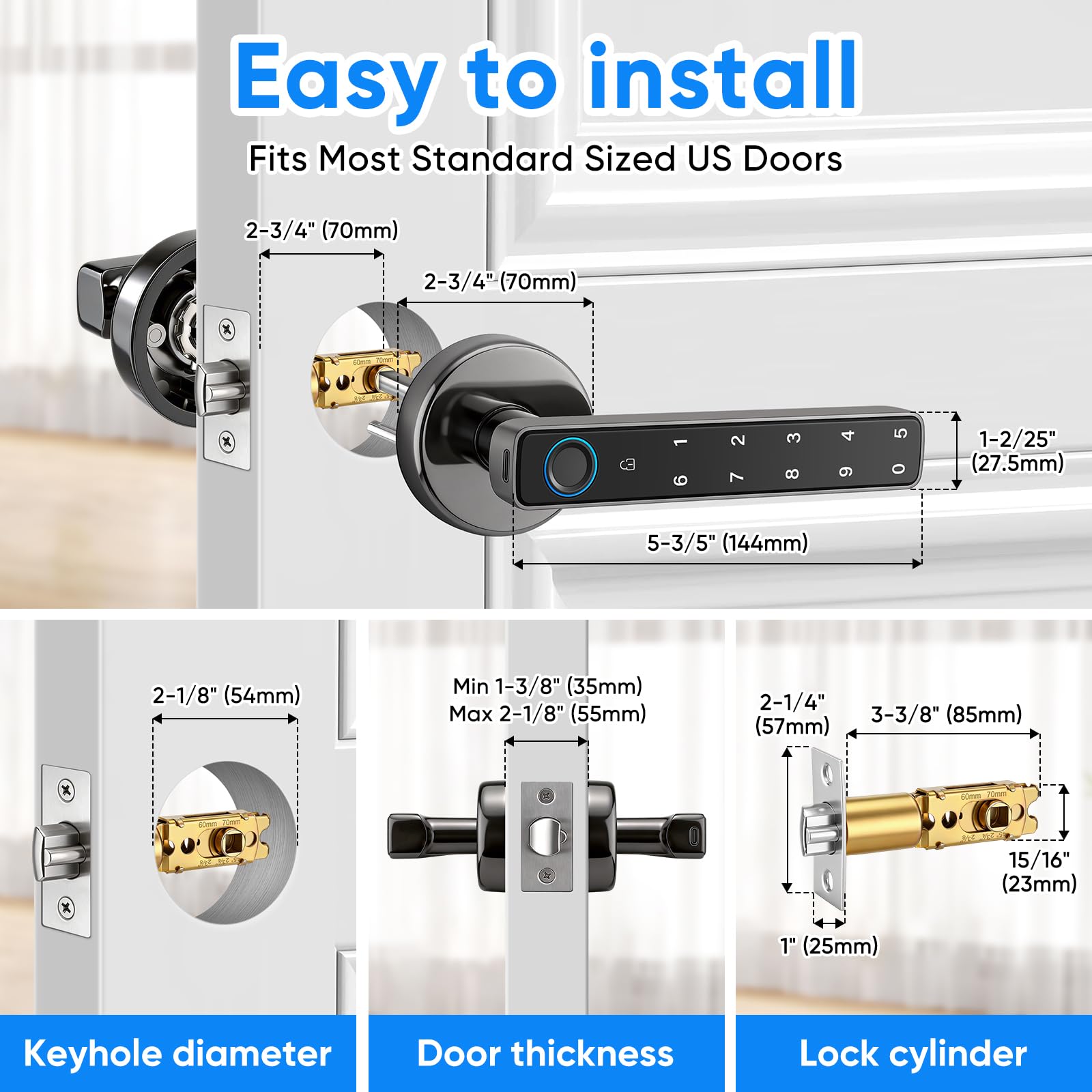 Cerradura Inteligente para Puertas, Cerradura de Puerta Inteligente de Huellas Dactilares con Manija Teclado, Control por App, Almacenamiento Local de Datos, 5 Métodos de Apertura, Sin Llaves