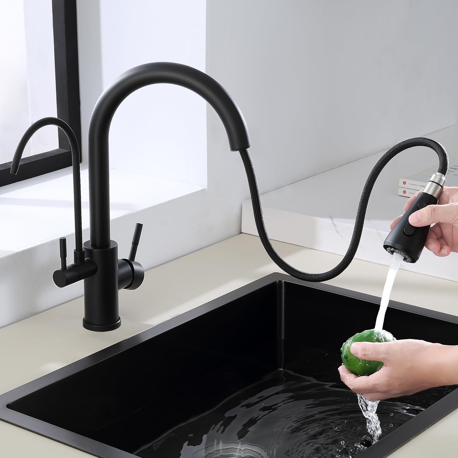 Robinet cuisine 3 voies noir ROVOGO mitigeur haute pression avec douchette