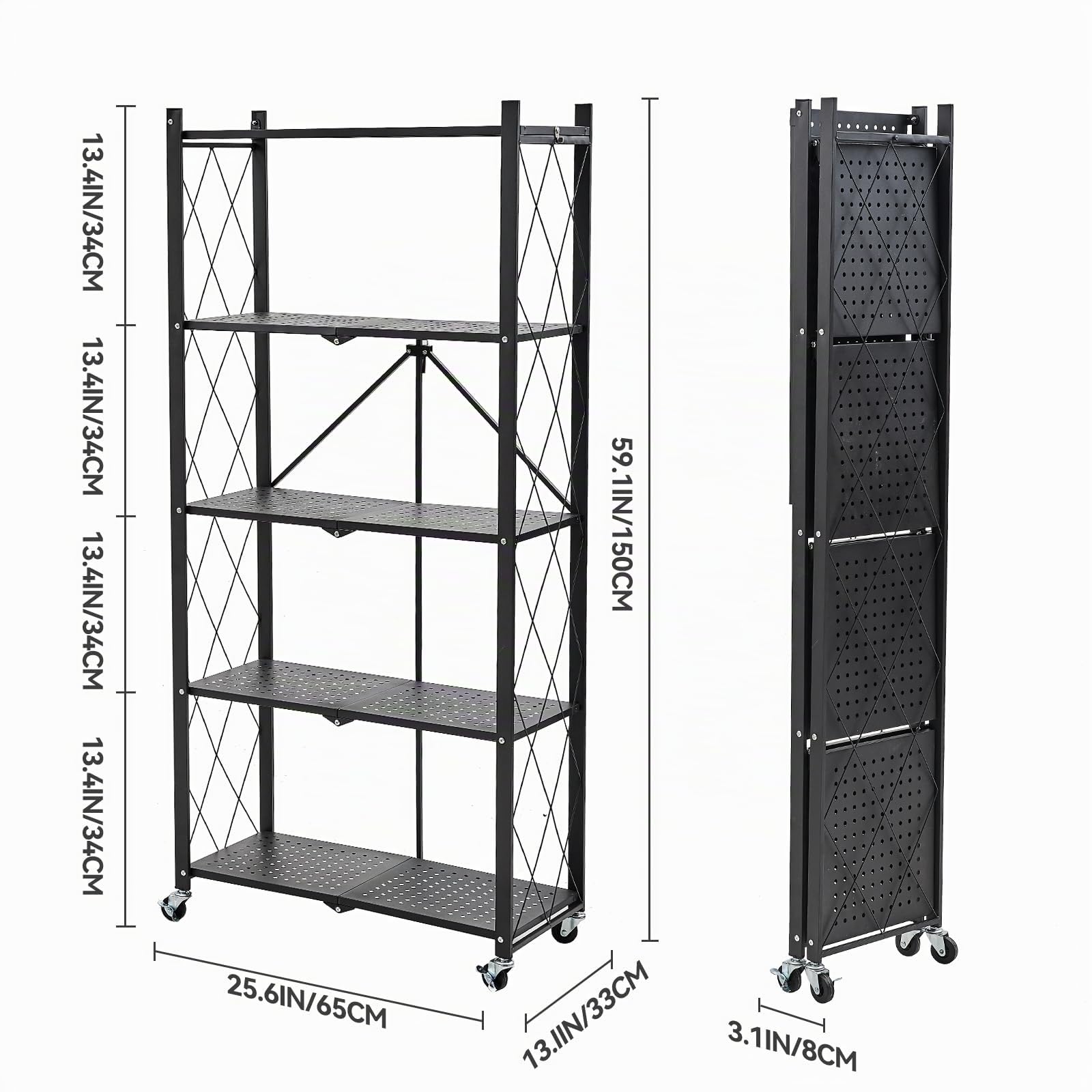 BRIAN & DANY Pliable Etagere de Rangement à 5 Niveaux, Étagère Pliante en Métal avec roulettes, Étagère Rabattables pour Garage de Cuisine, 65 x 33 x 150 cm, Noir