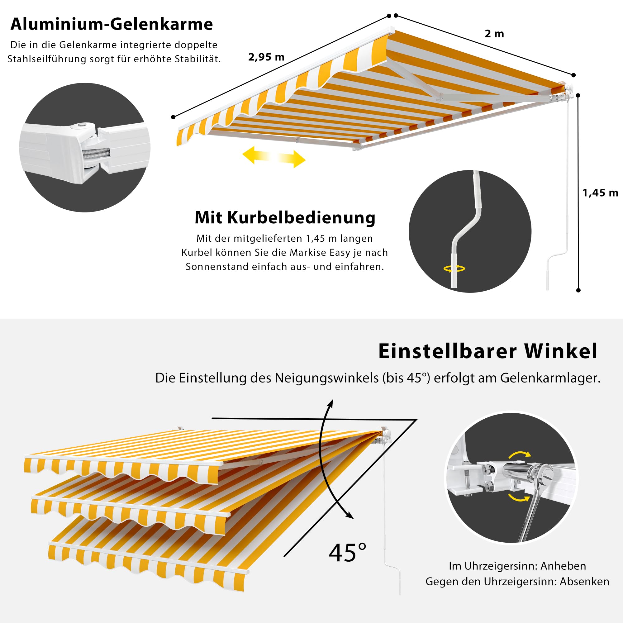 paramondo Gelenkarmmarkise Easy Balkonmarkise Sonnenschutz Terrasse, Vollständig zusammengebaut, Kurbelbedienung, 2,95 x 2 m (Breite x Ausfall), Blockstreifen Gelb-Weiß