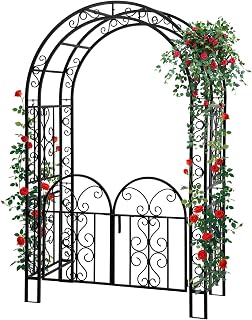 Hitgrand Garden Arch Trellis with Gate - 84" Tall Heavy Duty Metal Arbor for Climbing Roses, Vines, Weddings & Patio Decor