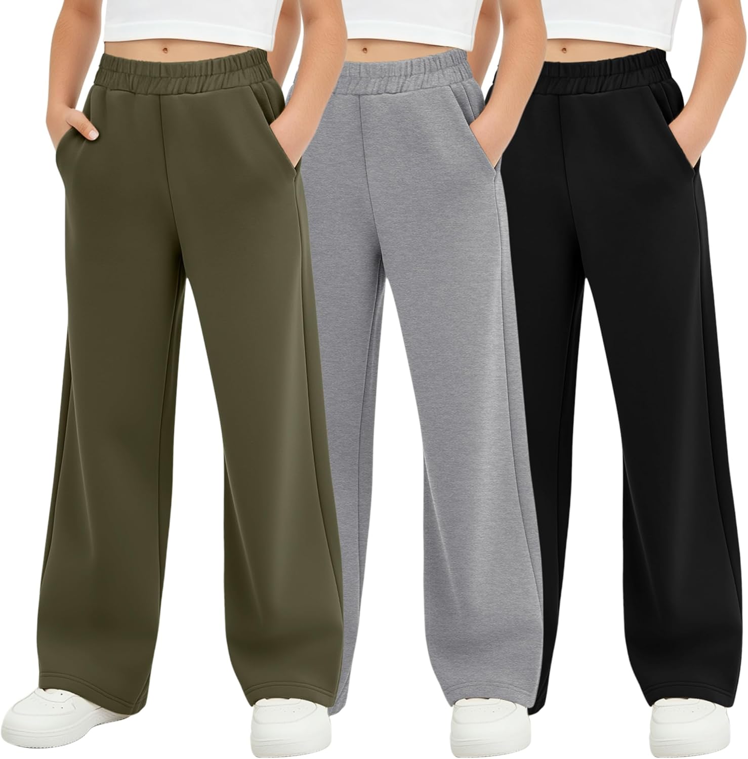 3 Pack Girls' Sweatpants Kids Straight Leg Casual Baggy Joggers Teen Loose Athletic Lightweight Pants with Pocket