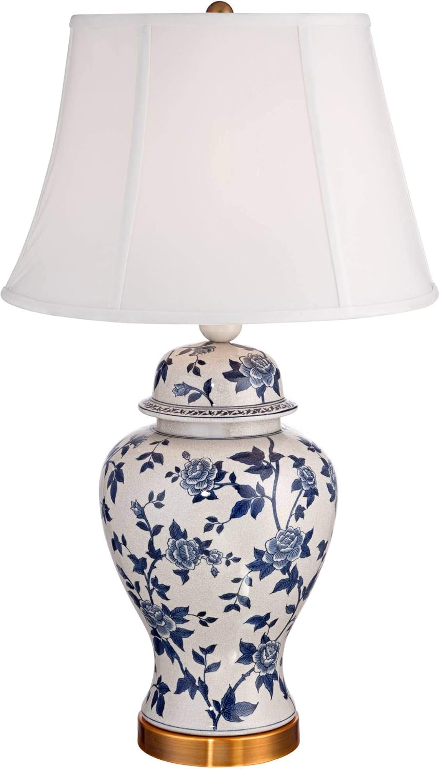 Blue and White Ceramic Temple Jar Table Lamp with Bell Shade
