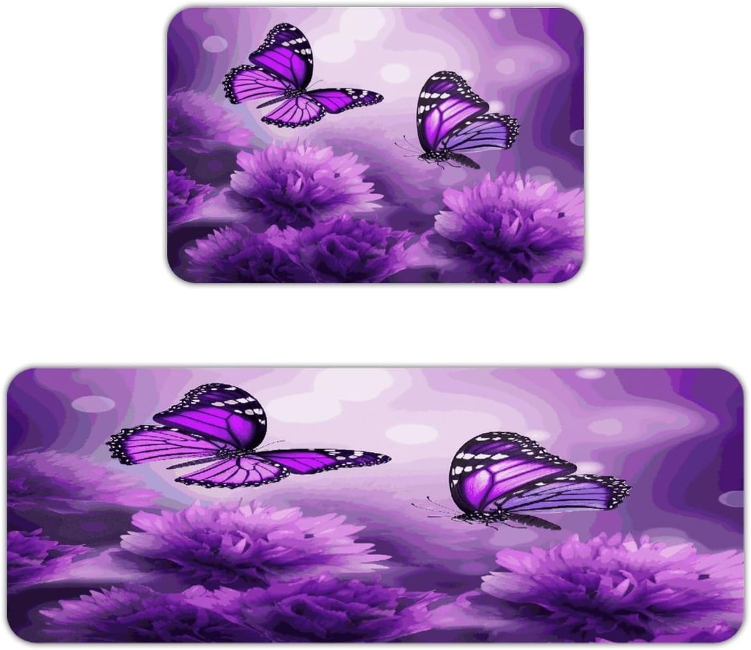 Purple Flower Butterflies Kitchen Mats for Floor 2PCS Waterproof Non-Slip Kitchen Rugs Cushioned Anti-Fatigue Mat Heavy Duty Floor Mats Comfort Standing Mat for Kitchen Home Office Laundry