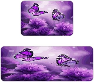 Purple Flower Butterflies Kitchen Mats for Floor 2PCS Waterproof Non-Slip Kitchen Rugs Cushioned Anti-Fatigue Mat Heavy Duty Floor Mats Comfort Standing Mat for Kitchen Home Office Laundry