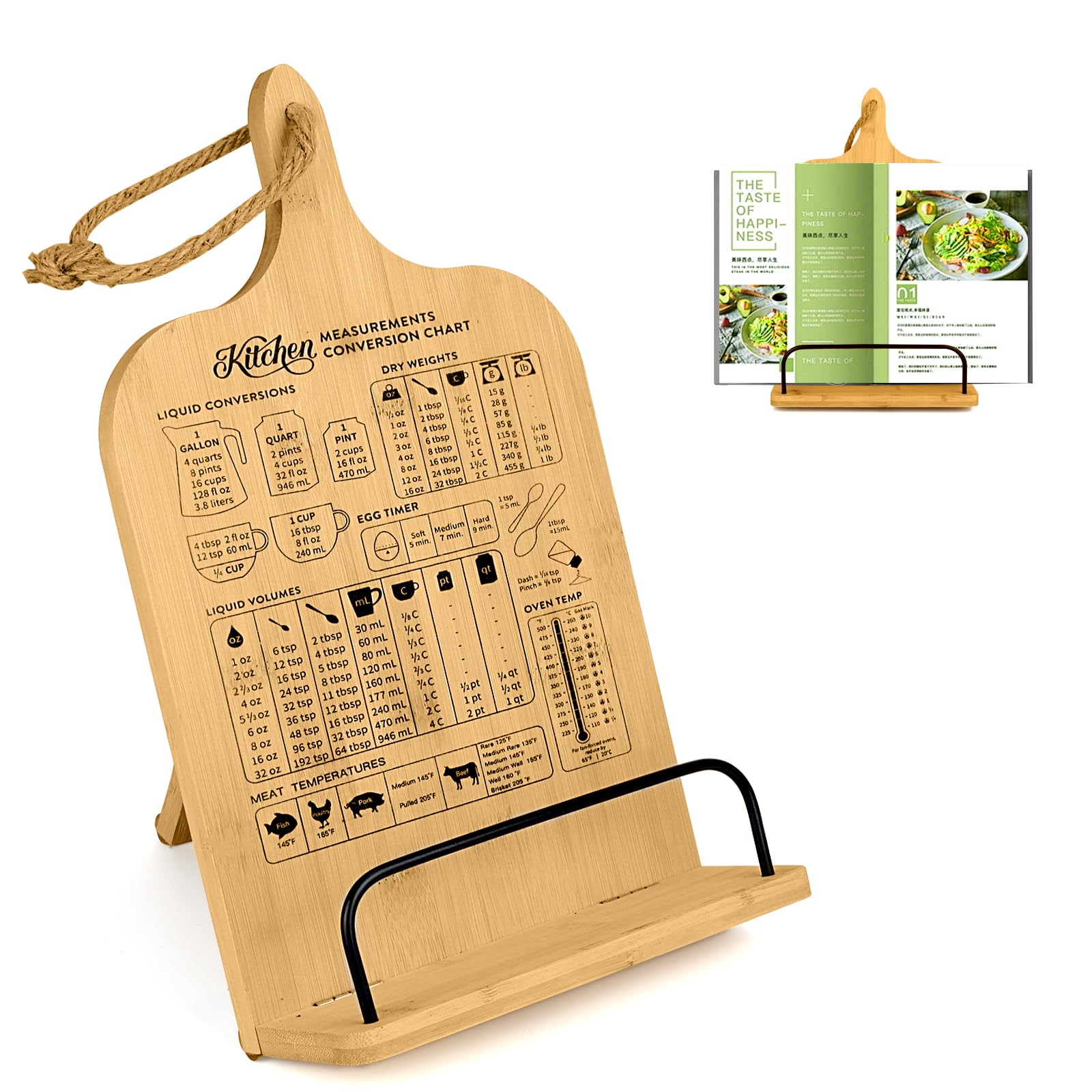 Adjustable Cookbook Stand for Kitchen Counters, Bamboo Cookbook Holder with Measurement Conversion Chart, Foldable Recipe Book Holder Cutting Board Style, Cook Book and ipad Stand for Kitchen