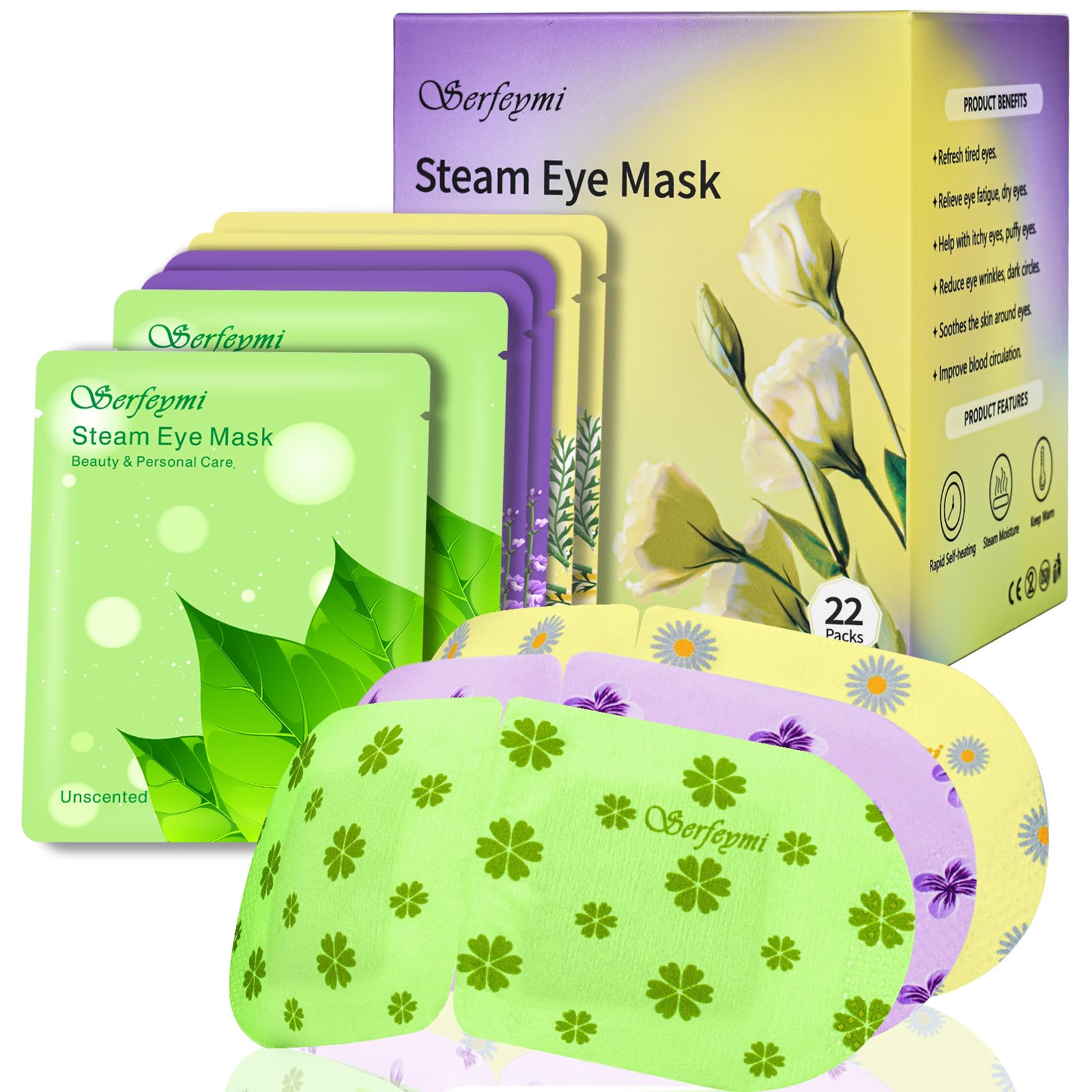 Serfeymi Self Heating Steam Eye Mask 22PCS- Disposable Sleep Warming Eye Mask for Puffy, Dry Eyes, Moist Hot Warm Eye Compress, Relief Eyes Fatigue 3 Scents Mixed