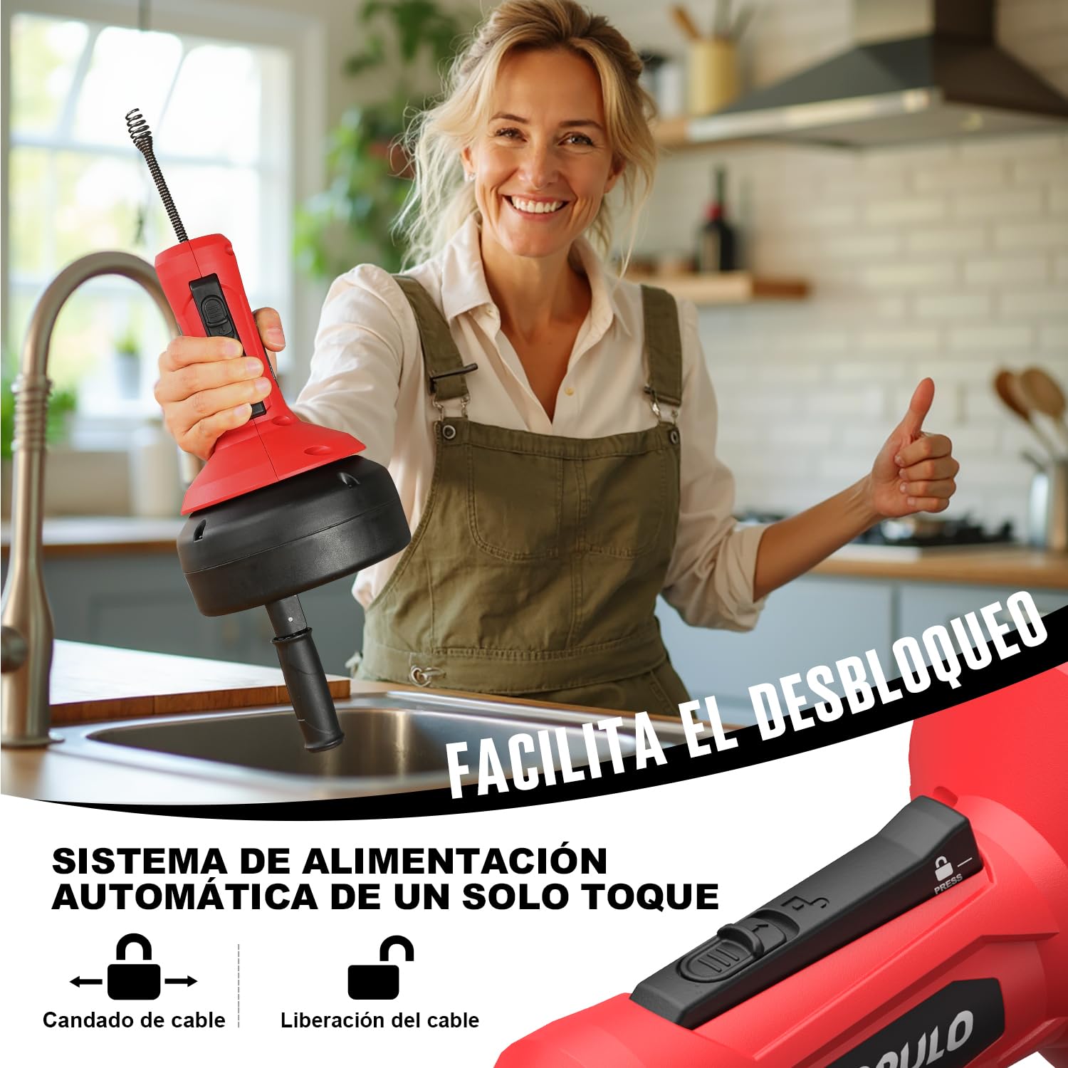 POPULO Taladro de drenaje manual de 17 pies, Kit de Desagüe de 5m, Desatascador Tuberias, Desagüe automático de hasta tuberías de 19-50mm
