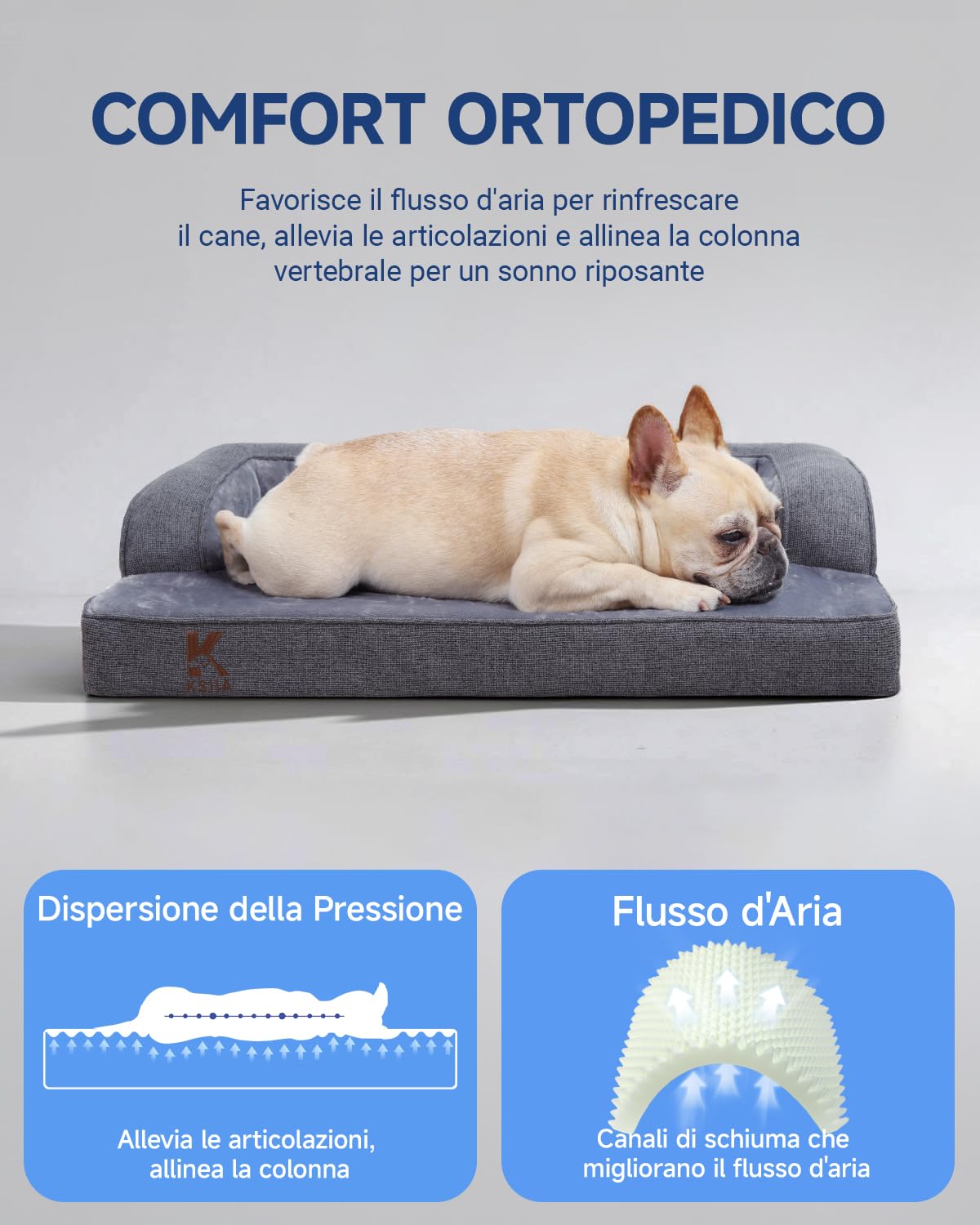 KSIIA Cuccia Cane Interno Cuscino Cane Sfoderabile e Lavabile, Ortopedica e Impermeabile con Base Antiscivolo, Con Cuscino a Forma di U, Grigio Scuro, 73x45x15cm