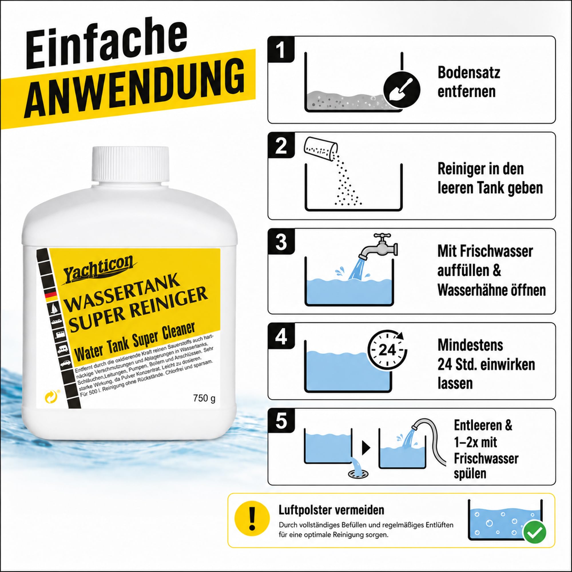 Wassertank Reiniger Wohnmobil 750 g – chlorfreier Wassertank Super Reiniger für Frischwassertank, Leitungen & Boiler | entfernt Ablagerungen & Verschmutzungen in Camping, Caravan & Boot