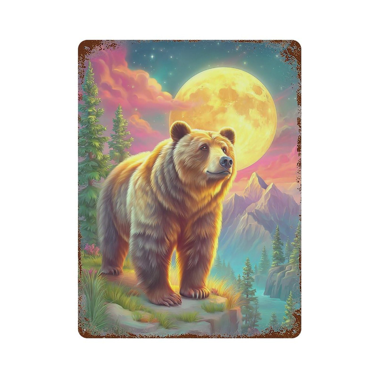 Magical Moonlit Bear Scene 15.7"x11.8" Rustic Tin Plaque, Novelty Wall Decor for Bistro, Counter And Cafe Decor