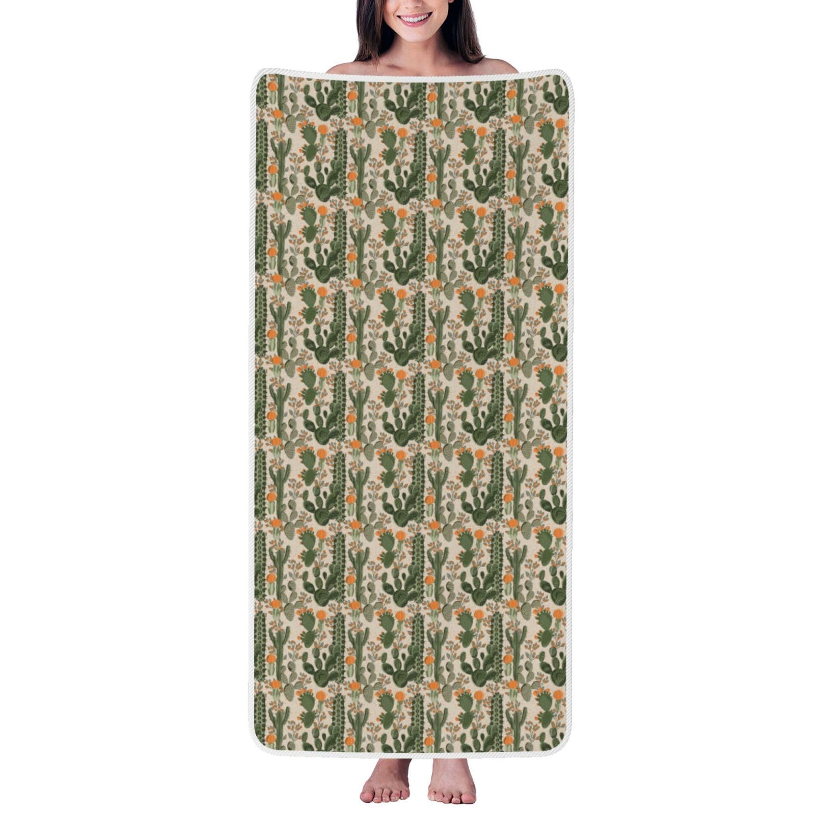 Ztpowqa Women's White Green Cactus Print Coral Velvet Bath Towel For Home Gym Lounging Bathroom Spa Hotel Beach Travel
