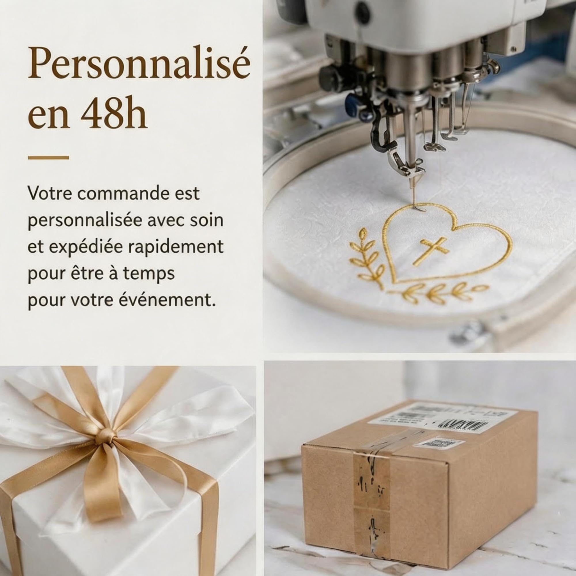Étole de Baptême Personnalisée 15x120cm | Écharpe Blanche Satinée Brodée Prénom Date | Motifs Religieux au Choix | Coffret Cadeau Bébé Enfant