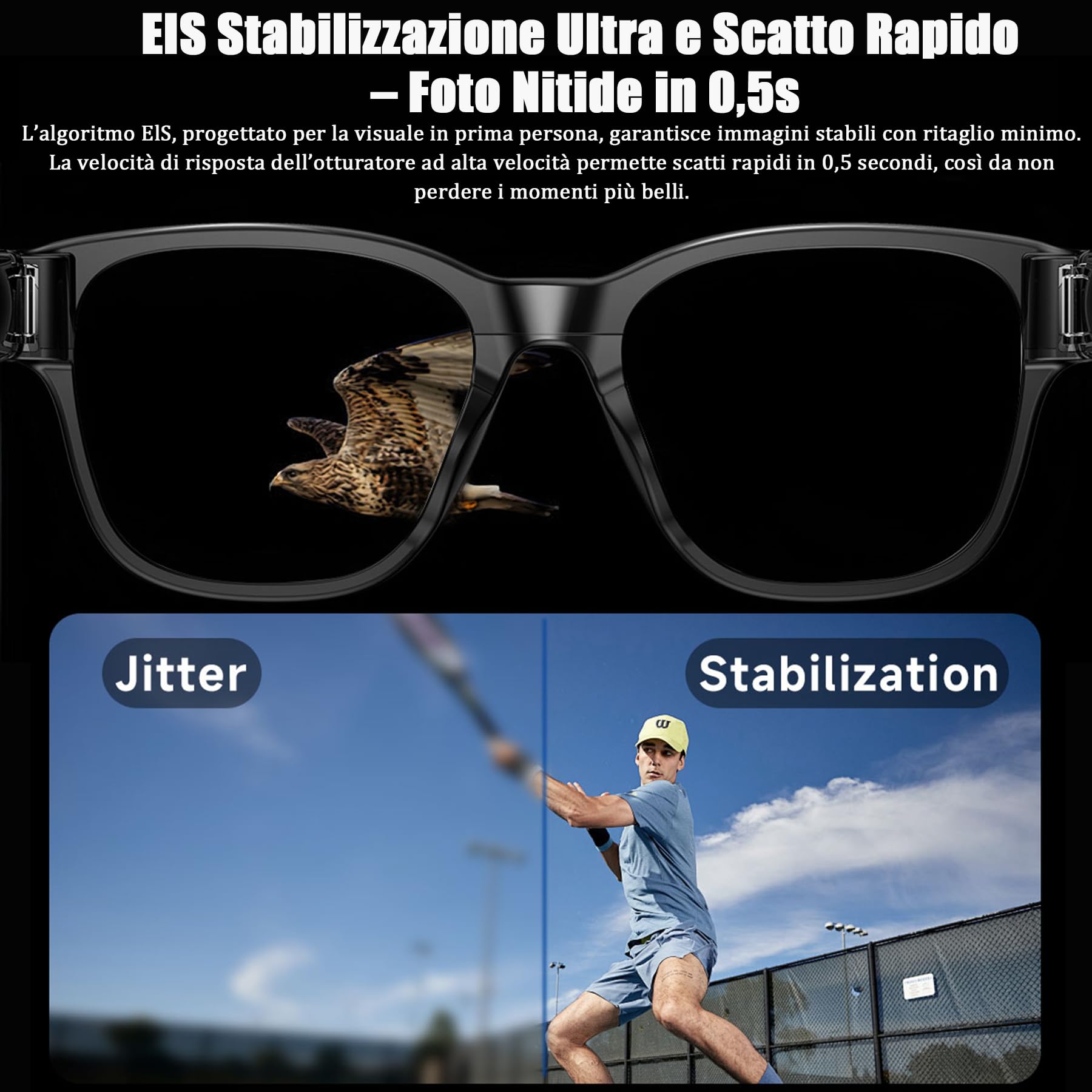 AI Smart Glasses con Telecamera 8MP, Occhiali Intelligenti Bluetooth da Uomo, Occhiali da Sole con Videocamera Integrata, Traduzione in Tempo Reale, Musica Open-Ear, Microfono Dual Noise Reduction