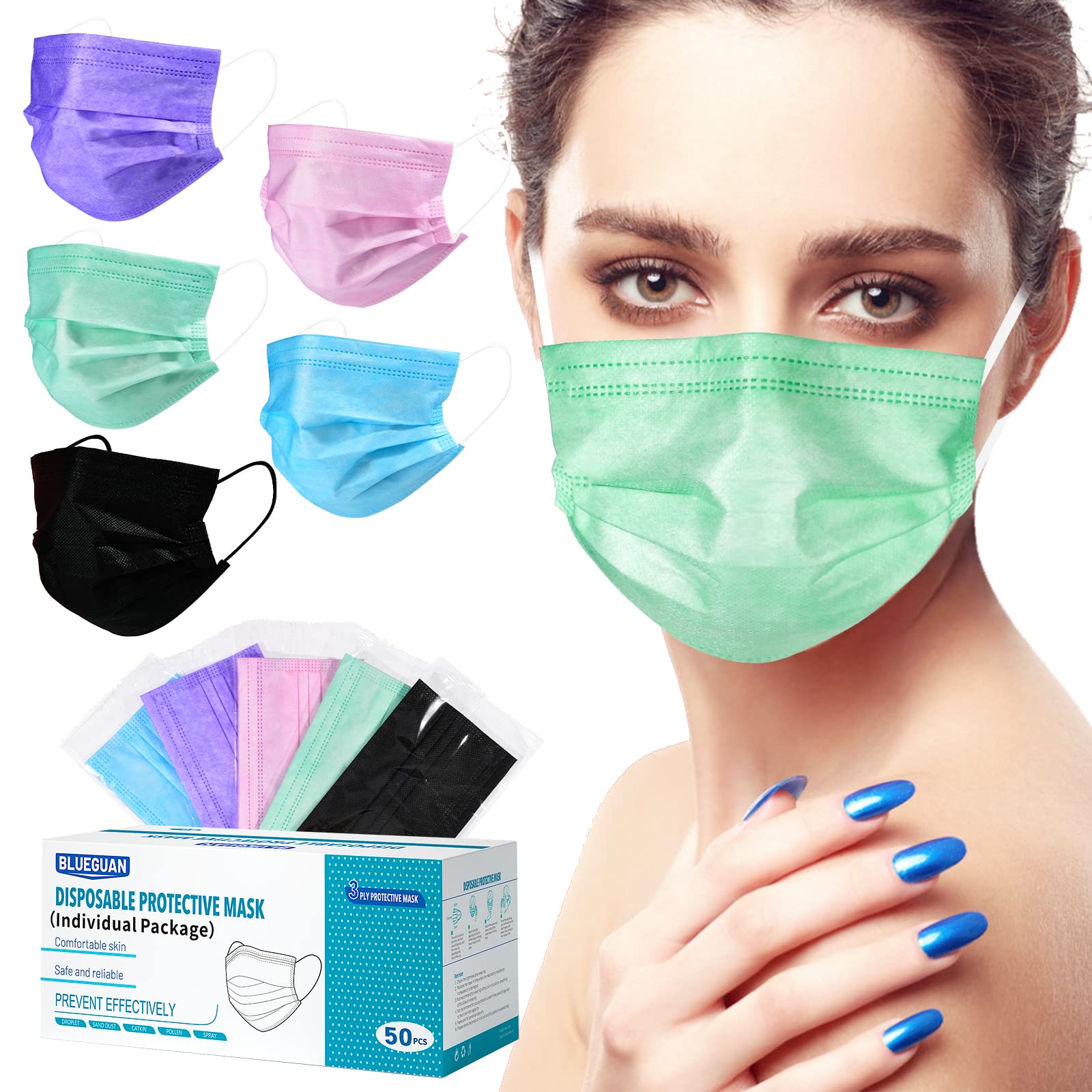 BLUEGUAN Disposable Face Masks for Adults, 50pcs Multicolor 3 Ply Breathable Non Woven, Individually Wrapped