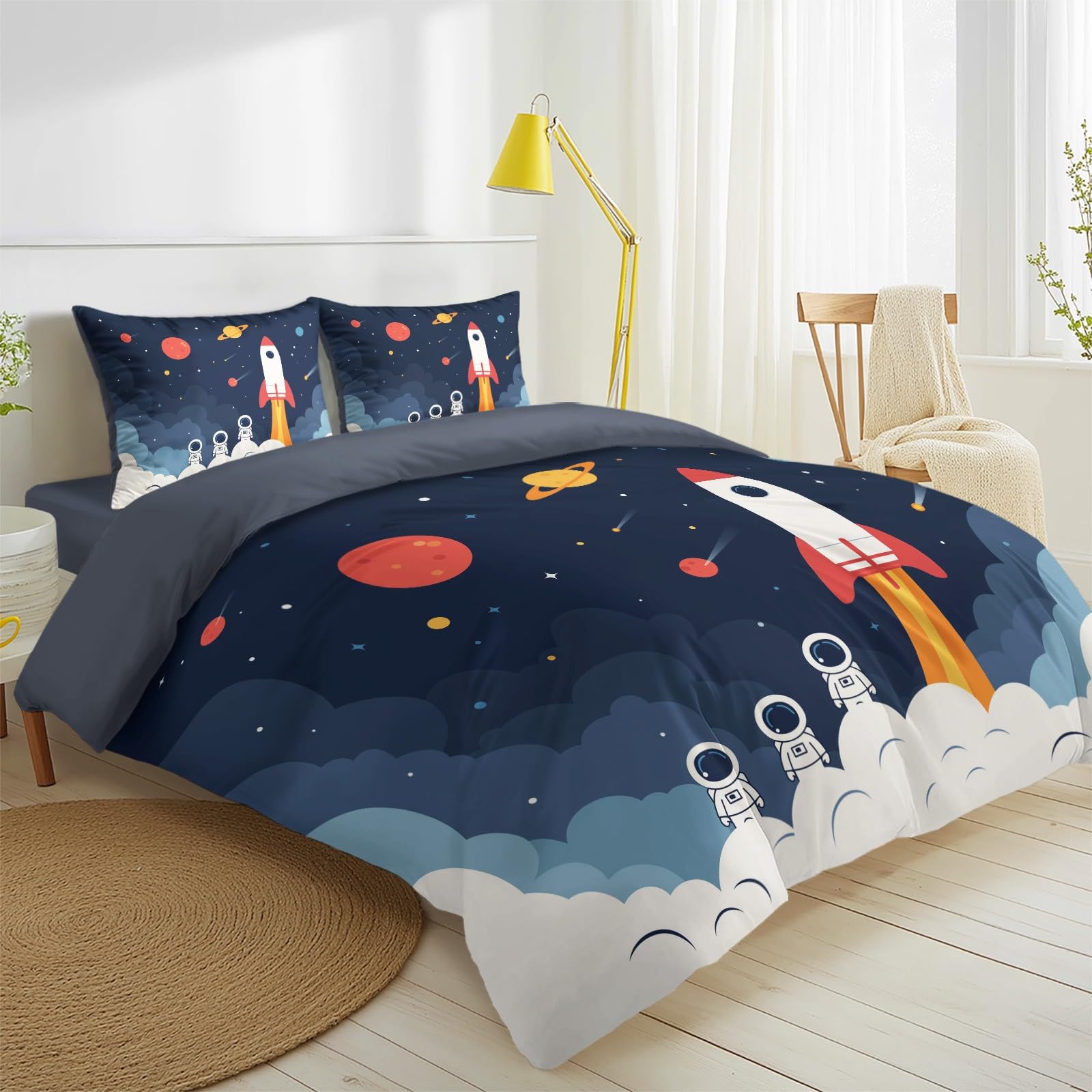 Poszwa na kołdrę gwiaździste niebo kreskówka 4-częściowy zestaw pościeli rakieta astronauta zestaw z mikrofibry niebieski szary pościel z 2 poszewkami na poduszki i 1 prześcieradłem z gumką 240 x 220